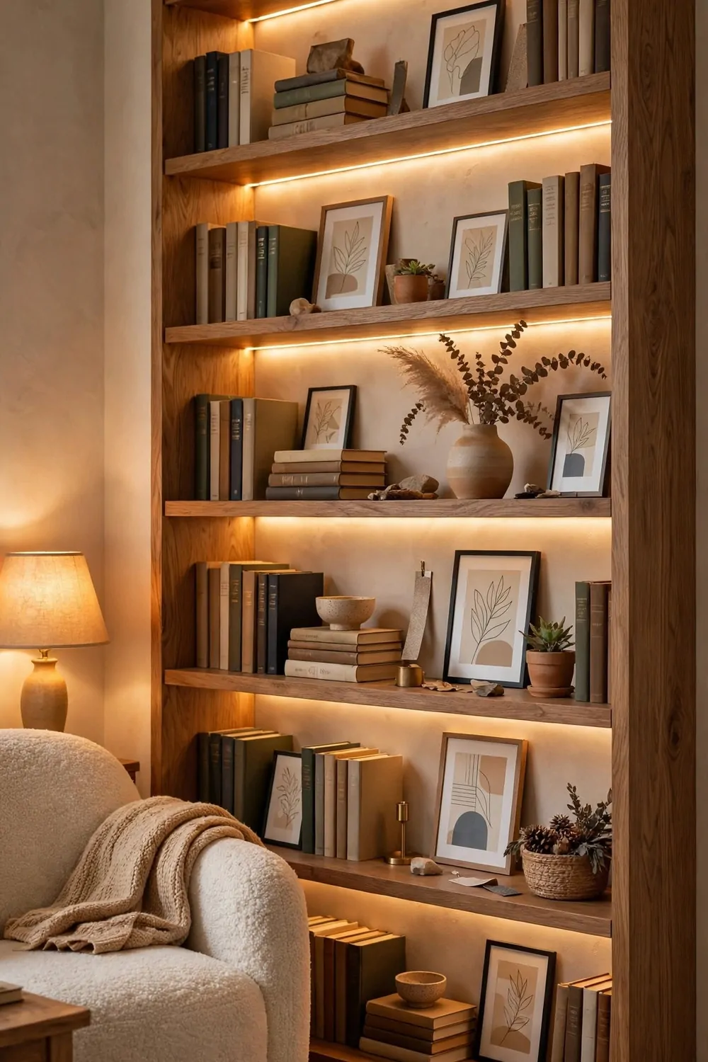 A styled wooden bookshelf video background with arranged books, framed prints, ceramic vase, warm LED strip lighting and a cozy armchair