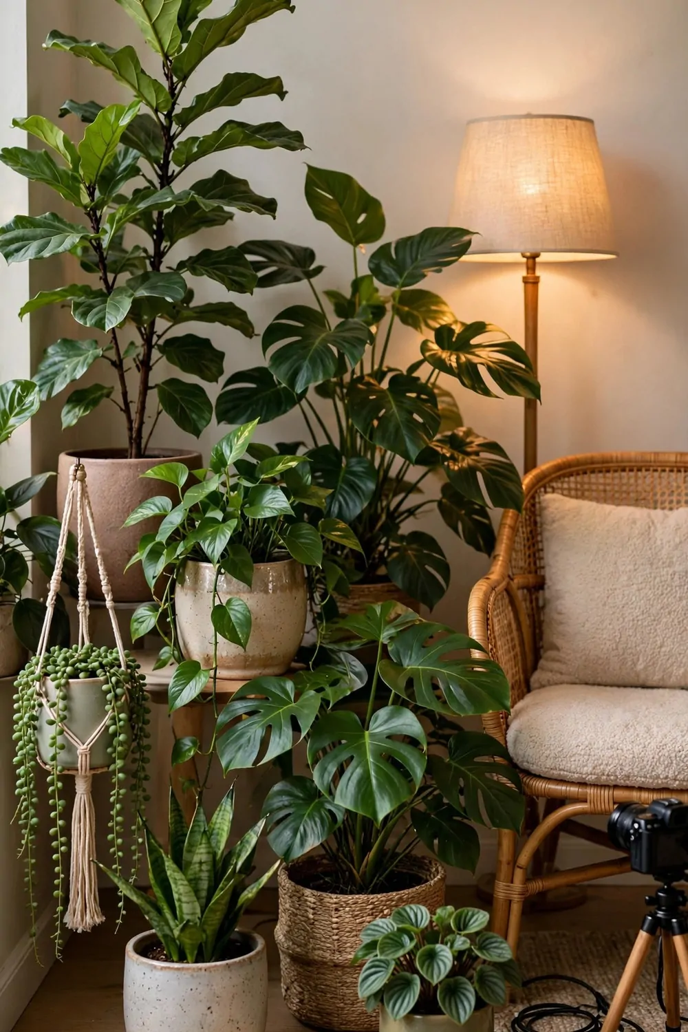 A plant-filled filming corner with leafy houseplants in ceramic pots, a rattan accent chair and a warm floor lamp glowing behind the plants
