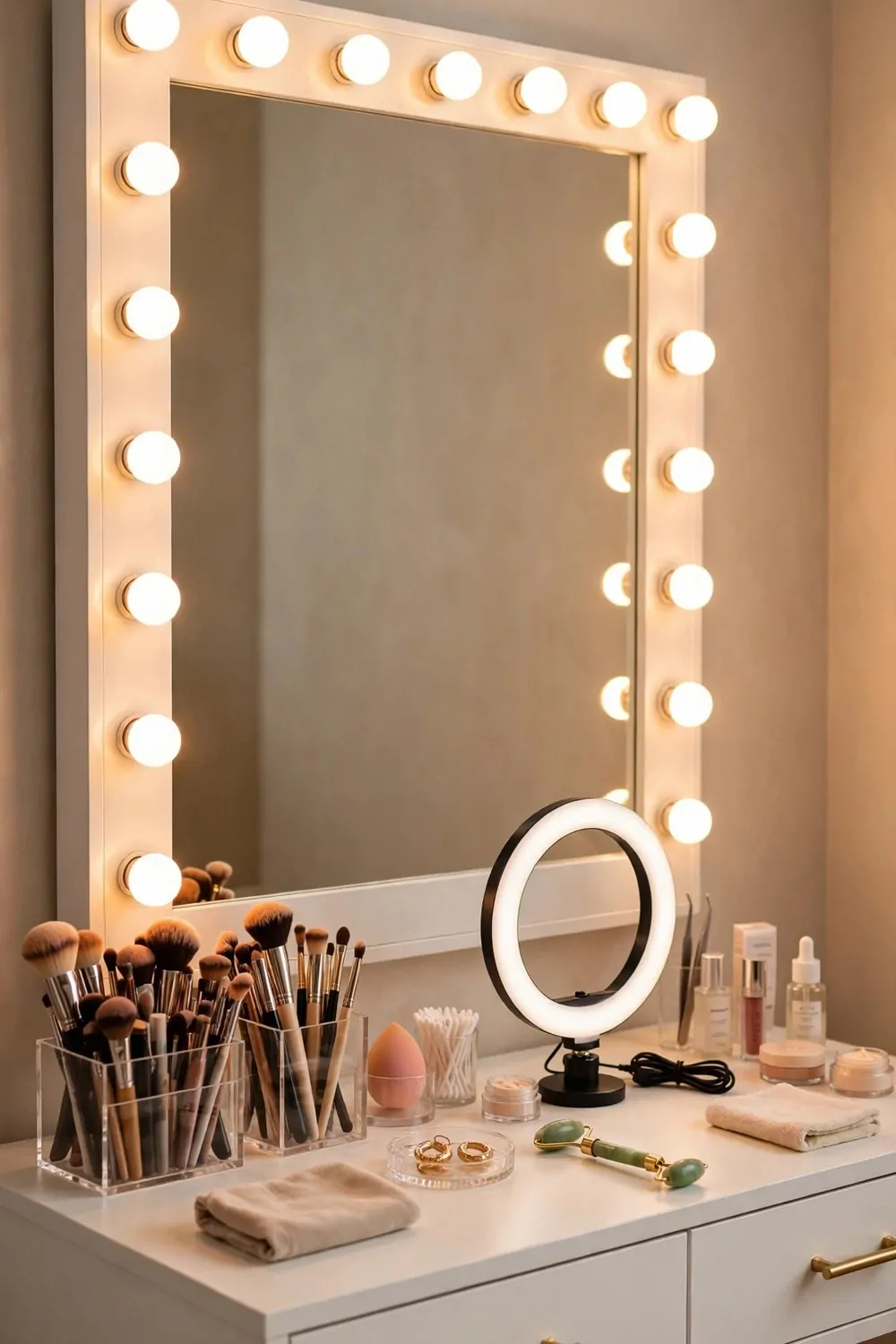 A makeup vanity filming set with a large mirror surrounded by glowing LED bulbs, organized brushes, small ring light and a neutral warm wall
