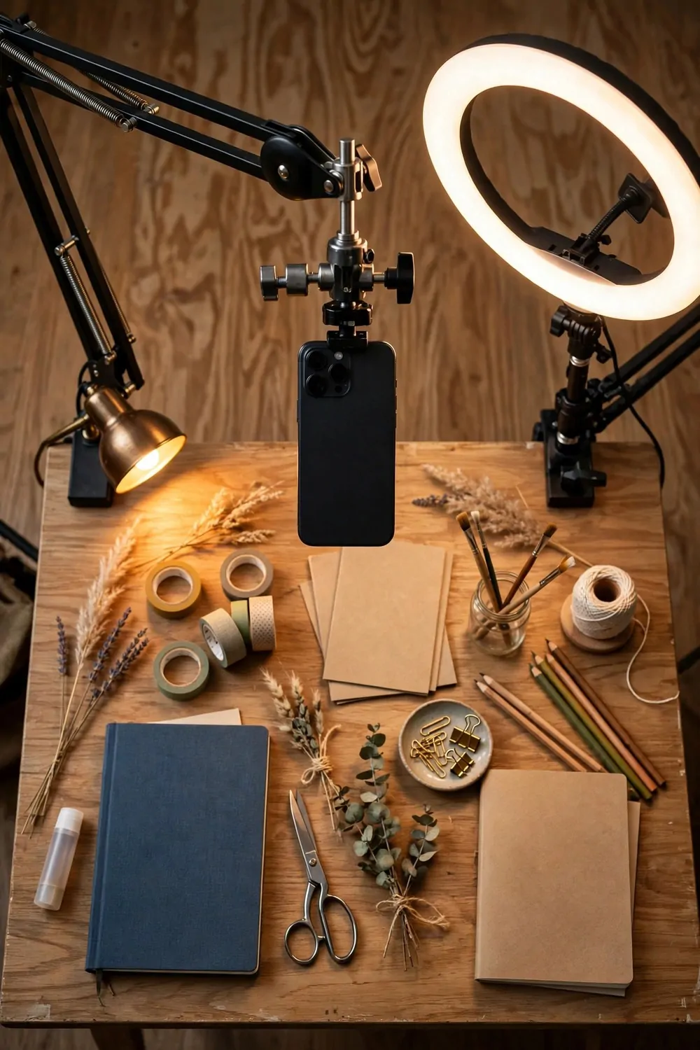An overhead filming rig with an articulated arm clamped to a desk holding a smartphone above a flat lay of craft supplies, plus an overhead ring light