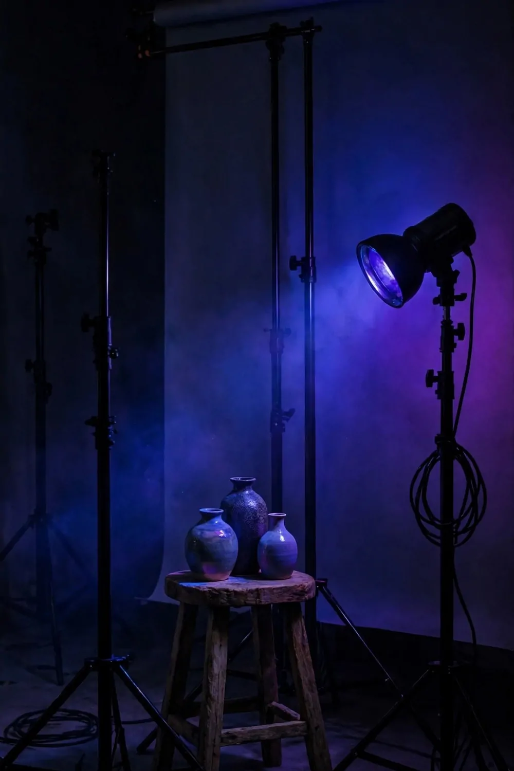 A moody home studio corner with a dark gray paper backdrop washed in blue and purple gel light, light stands and ceramic vases on a stool
