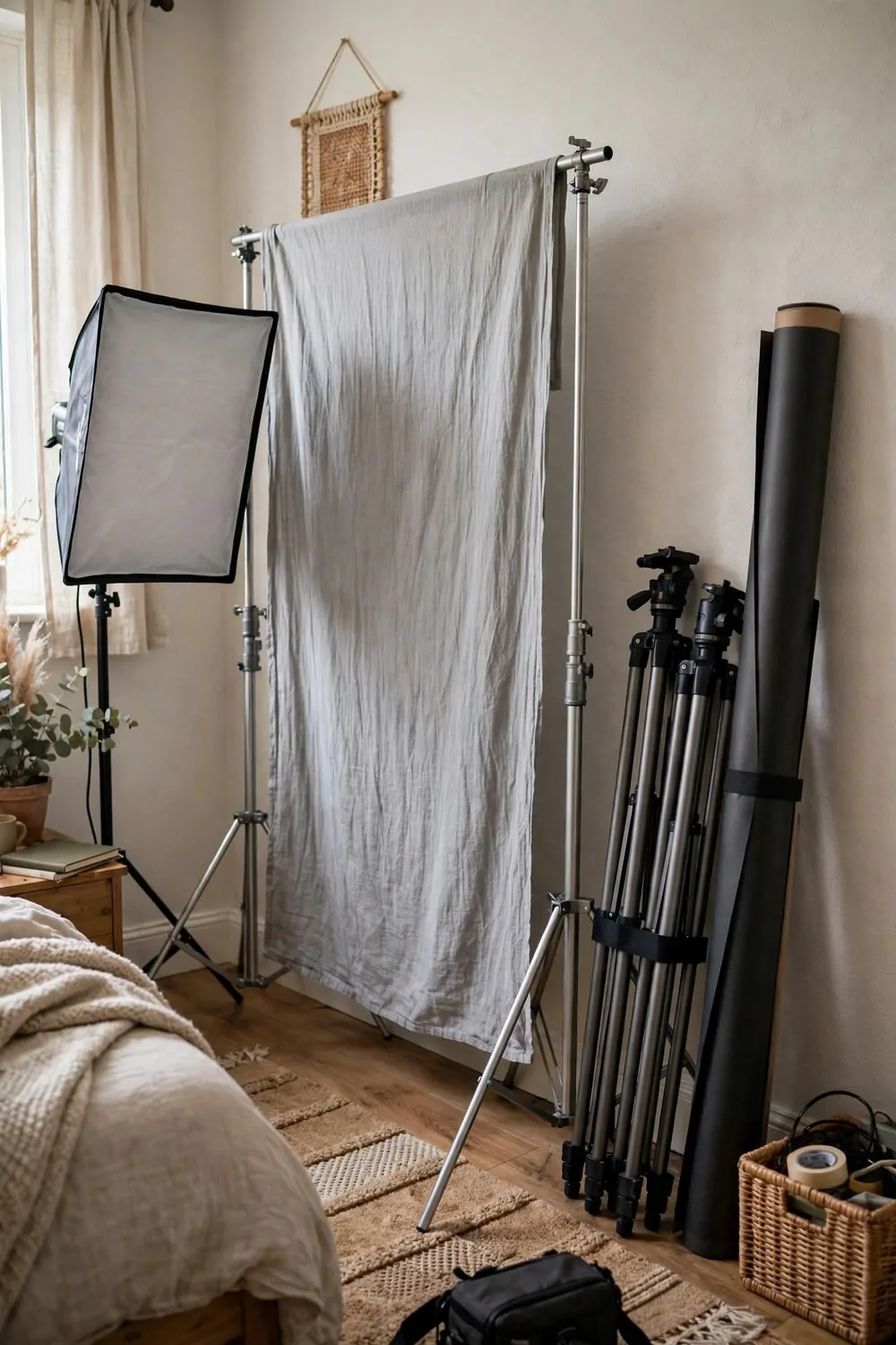 A portable backdrop stand corner with light gray muslin fabric on a collapsible stand, folded tripods and a rolled backdrop leaning against the bedroom wall