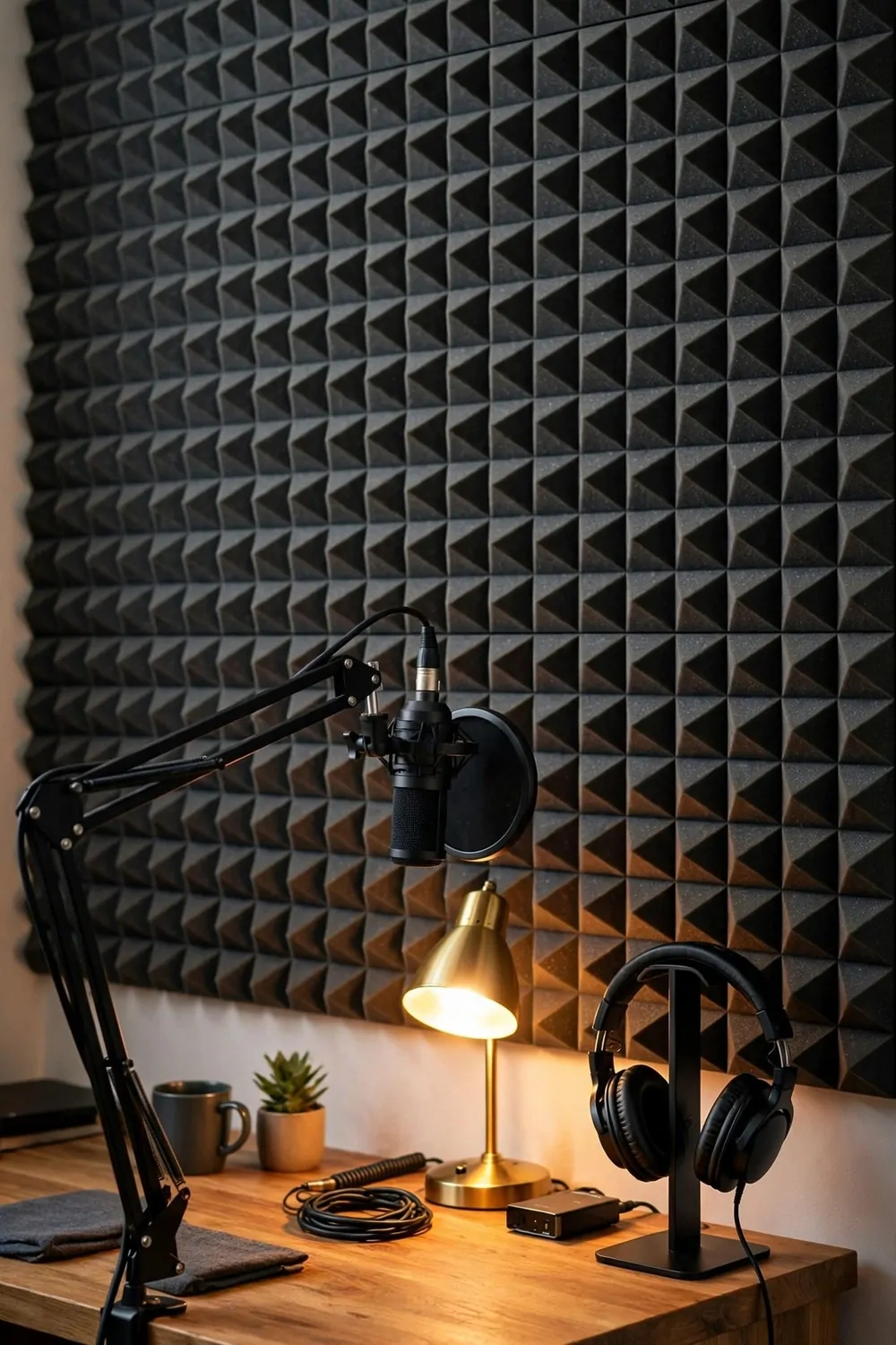 A podcast recording nook with dark gray acoustic foam panels on the wall, wooden desk, professional microphone on a boom arm and headphones on a stand