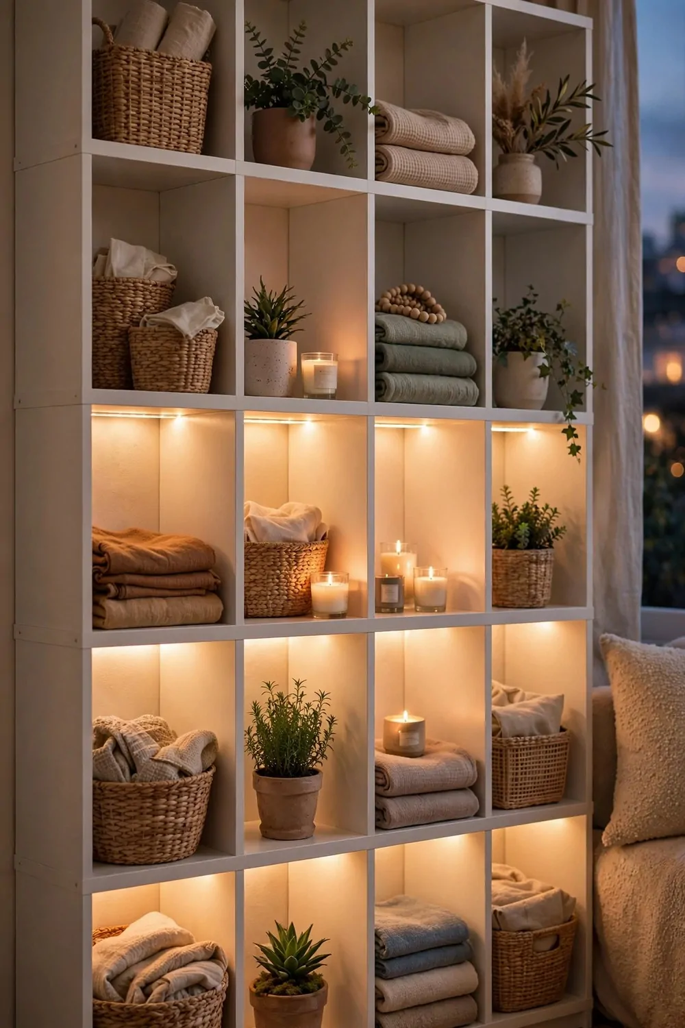 A white cube shelving unit video background styled with baskets, plants, candles and textiles with warm LED strip lights glowing under each shelf