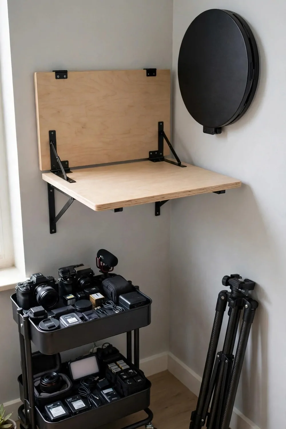 A foldaway studio in a small room with a wall-mounted fold-down desk, folded tripod in the corner, collapsed ring light against the wall and a rolling gear cart