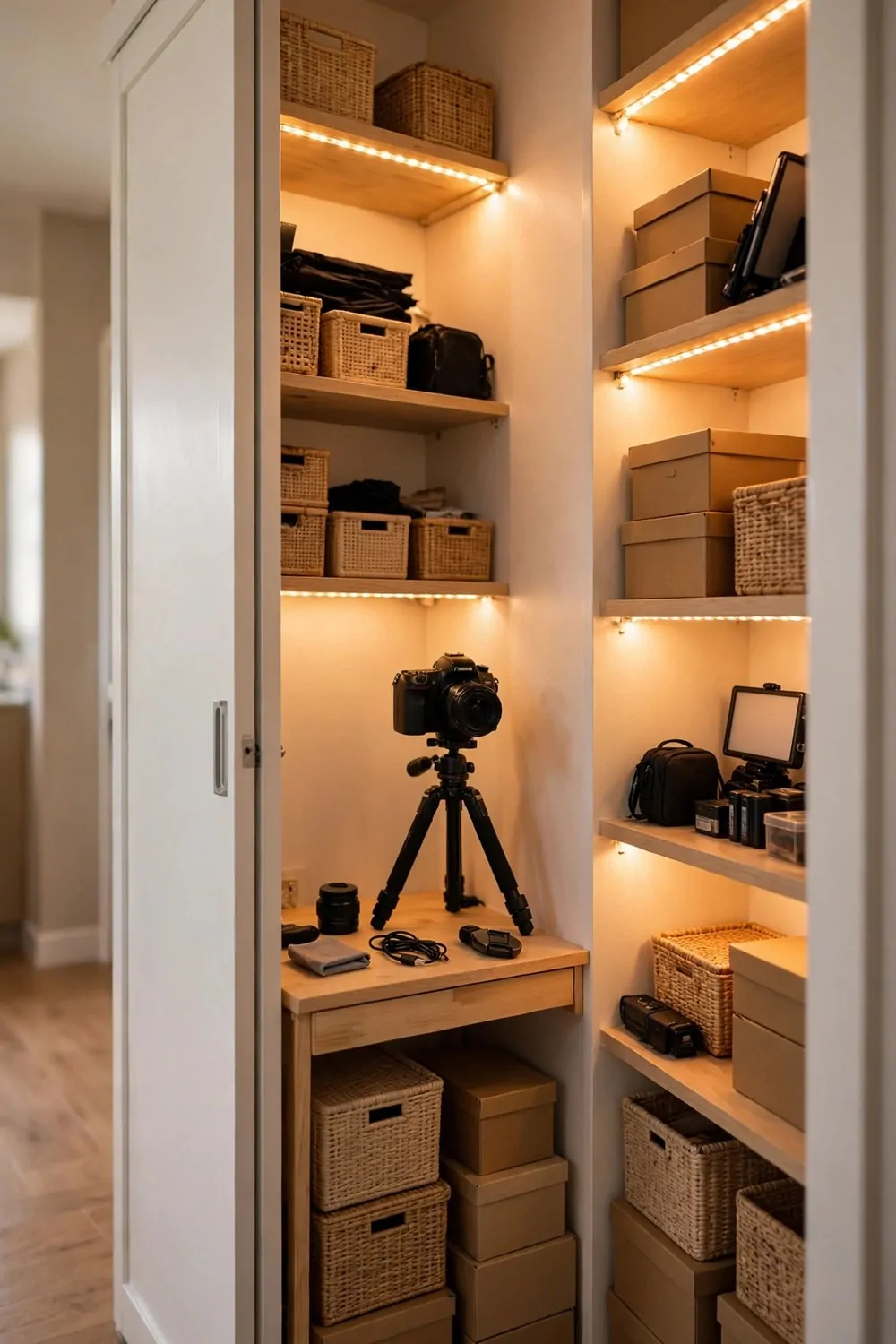 A small closet converted into a filming nook with warm white walls, LED strip lights on shelves, a small desk with a camera on a tripod and storage boxes below