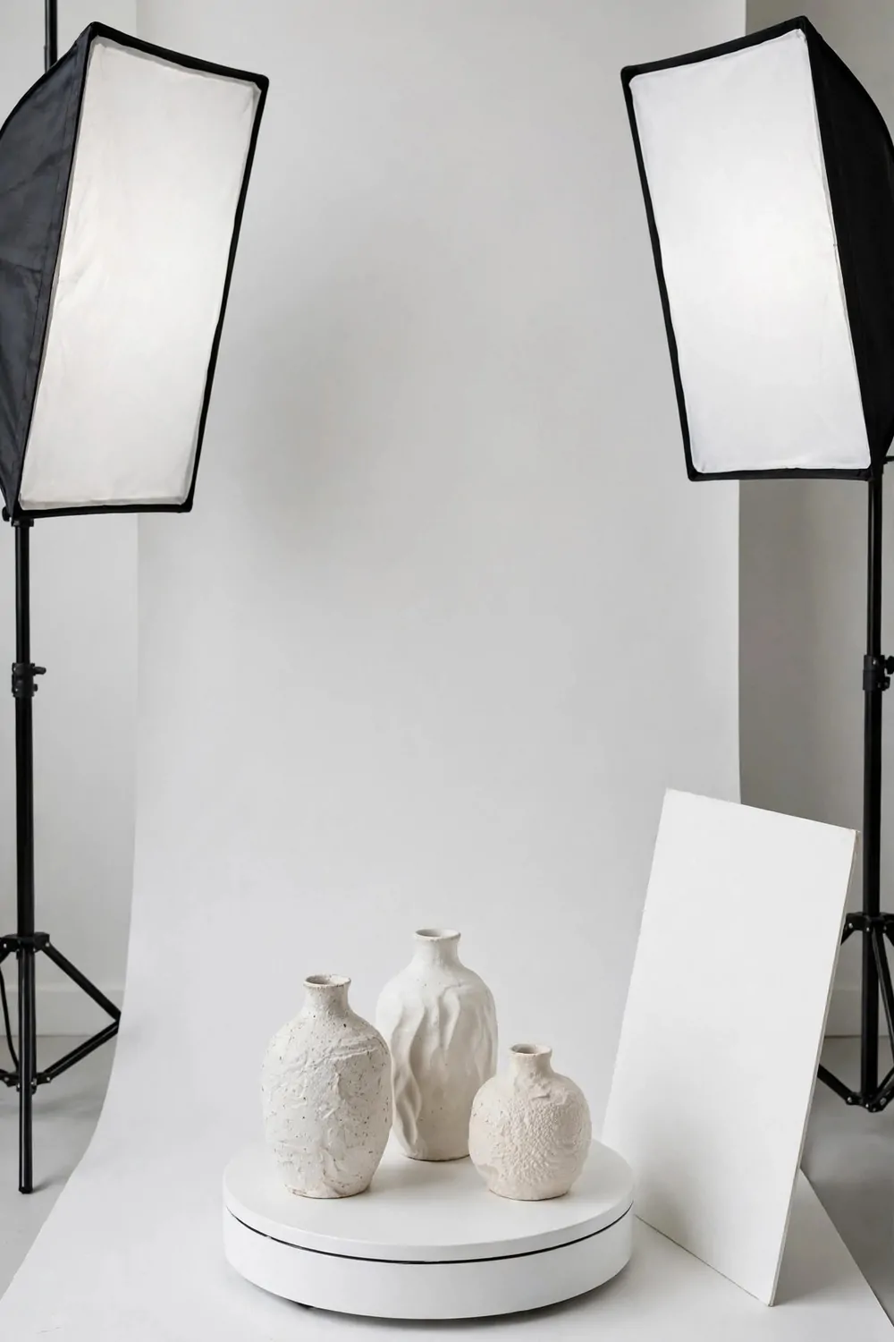 A product turntable photo station with a white rotating display table holding ceramic vases, seamless white background and two softbox lights