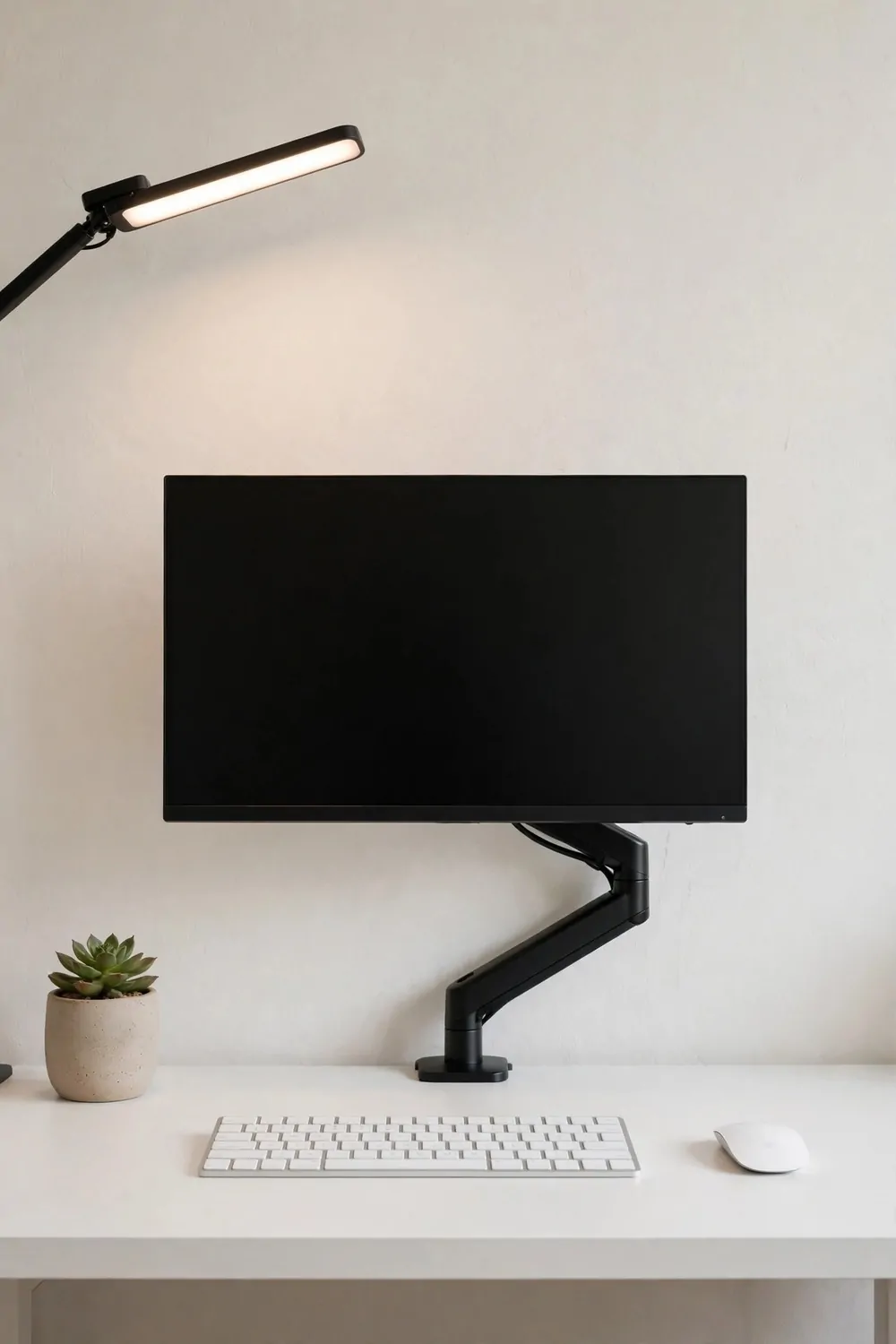 A minimal cable-free creator desk studio with a white desk, monitor on an arm mount, LED panel light, wireless keyboard and a small succulent plant