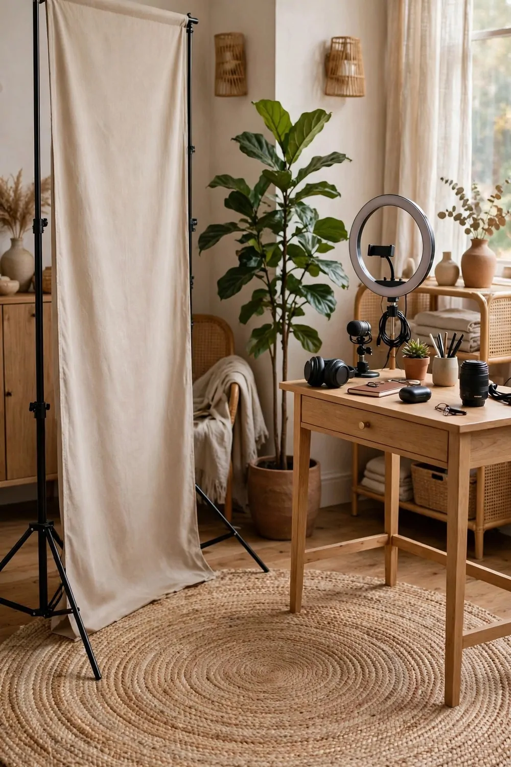 A two-zone filming corner with a round jute rug, collapsible backdrop stand with beige fabric on one side, small wooden desk with ring light on the other, and a tall plant between the zones