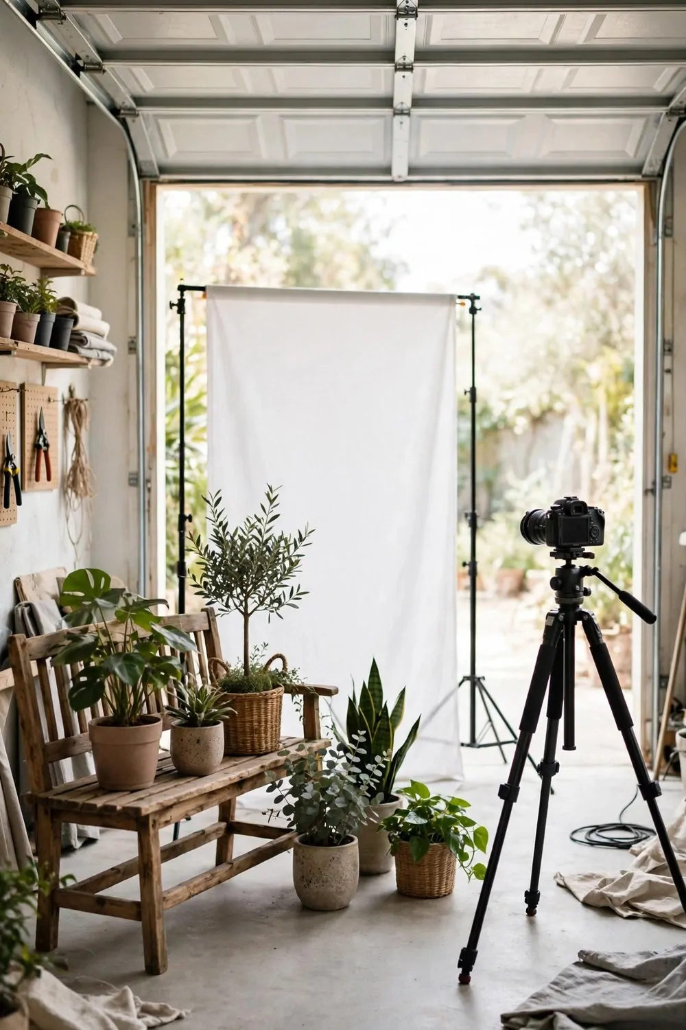 An open garage door daylight studio with soft daylight flooding in, a backdrop stand with white fabric, potted plants, a wooden bench and a camera tripod