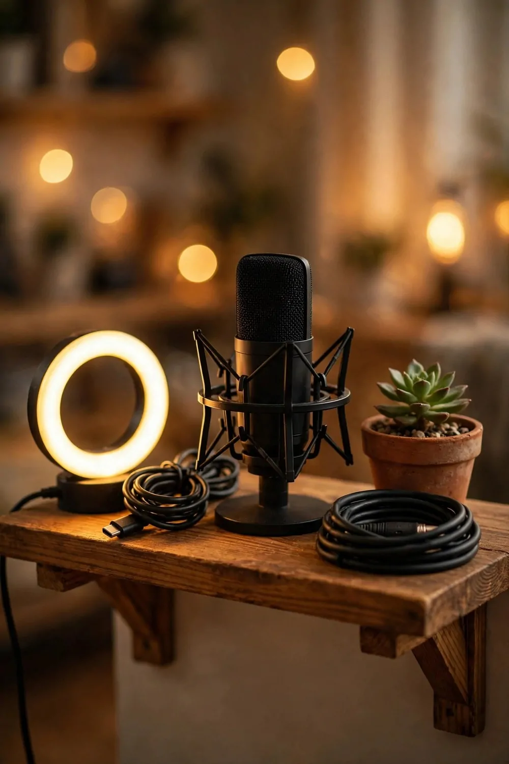 A content studio gear shelf detail with a glowing ring light, neatly coiled cables, a microphone in a shock mount and a small succulent plant