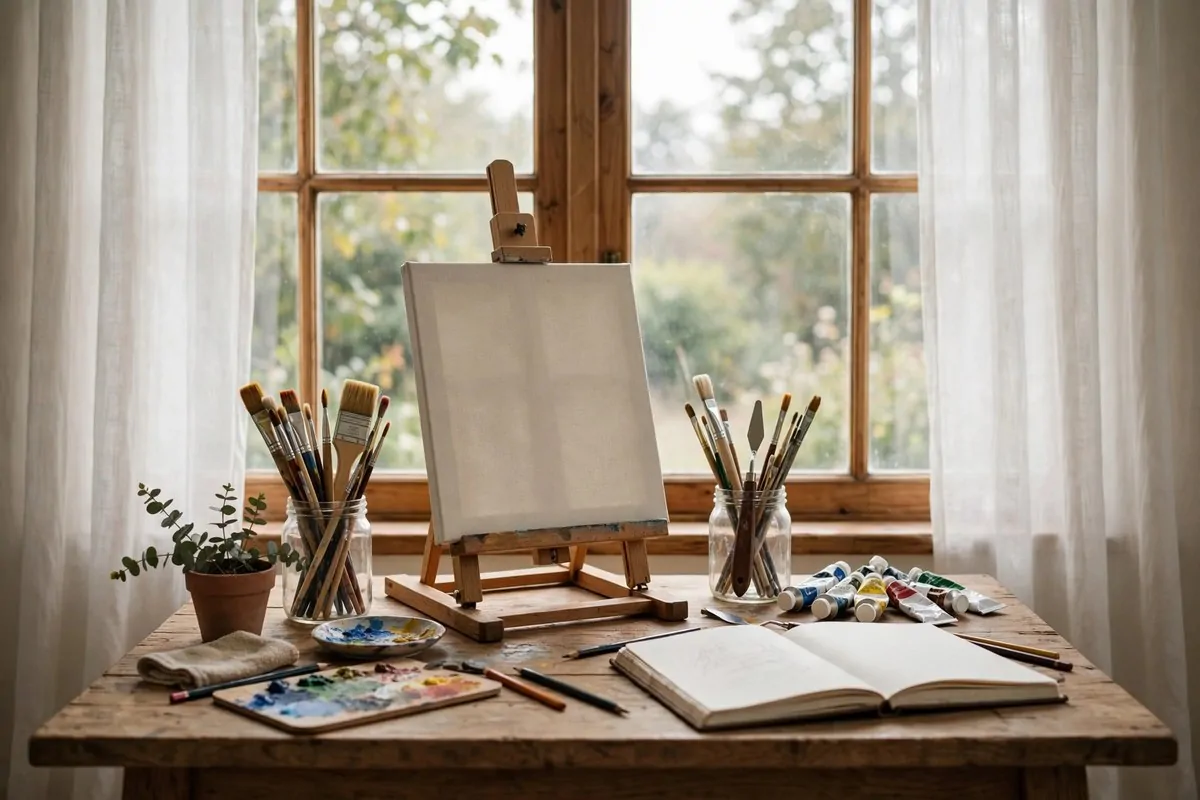 22 Cozy Art Studio Ideas for Long, Happy Creative Days 1 Window-facing art desk with sheer curtains