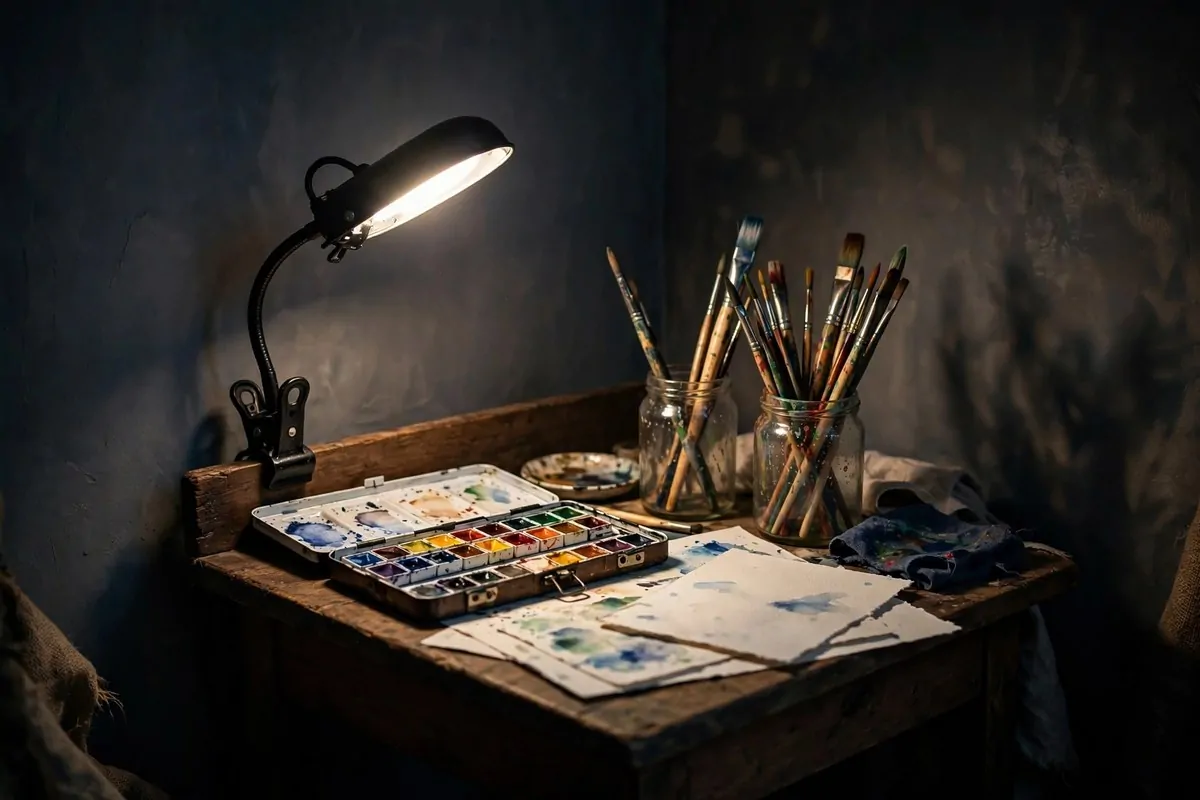 22 Cozy Art Studio Ideas for Long, Happy Creative Days 2 Daylight lamp in a cozy art corner