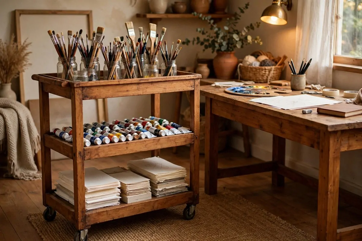 22 Cozy Art Studio Ideas for Long, Happy Creative Days 3 Three-tier rolling cart for art supplies