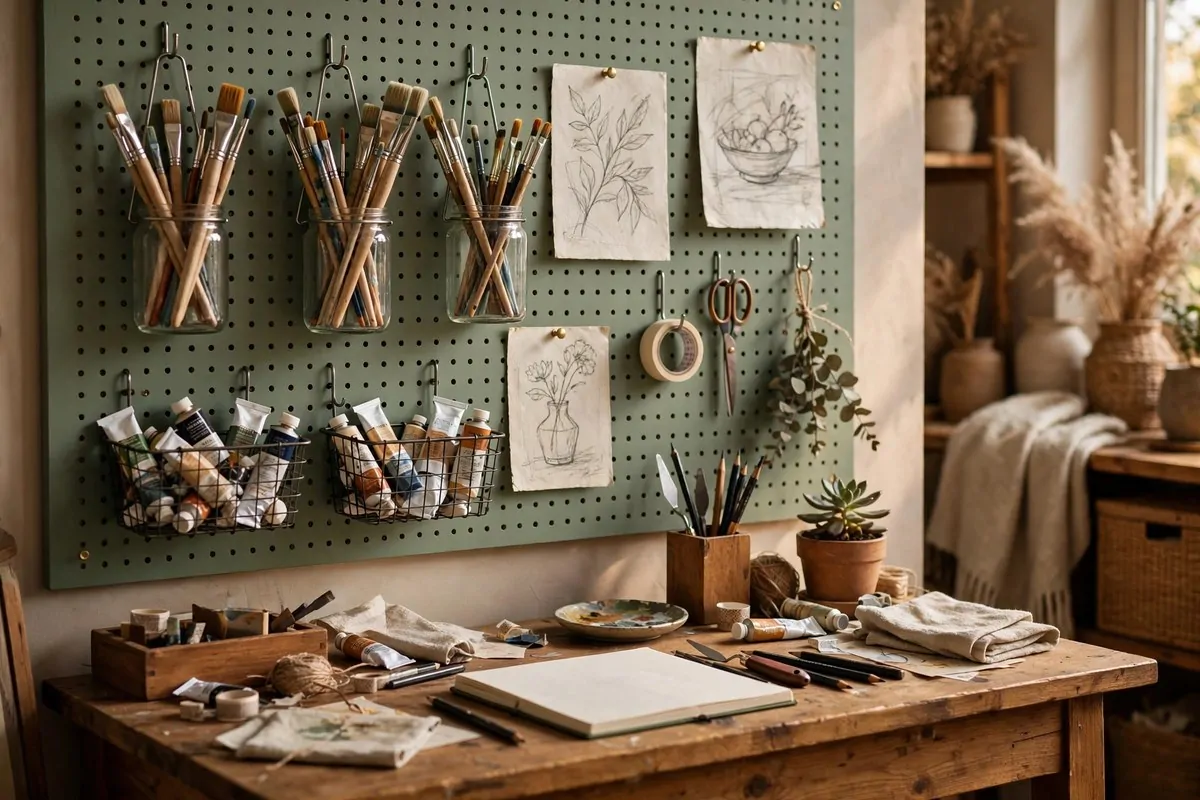 22 Cozy Art Studio Ideas for Long, Happy Creative Days 4 Pegboard tool wall above an art desk