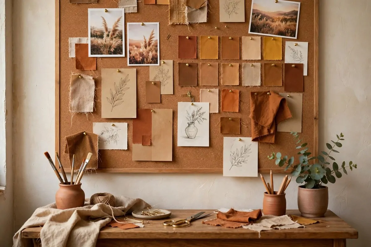 22 Cozy Art Studio Ideas for Long, Happy Creative Days 5 Mood board wall in an art studio