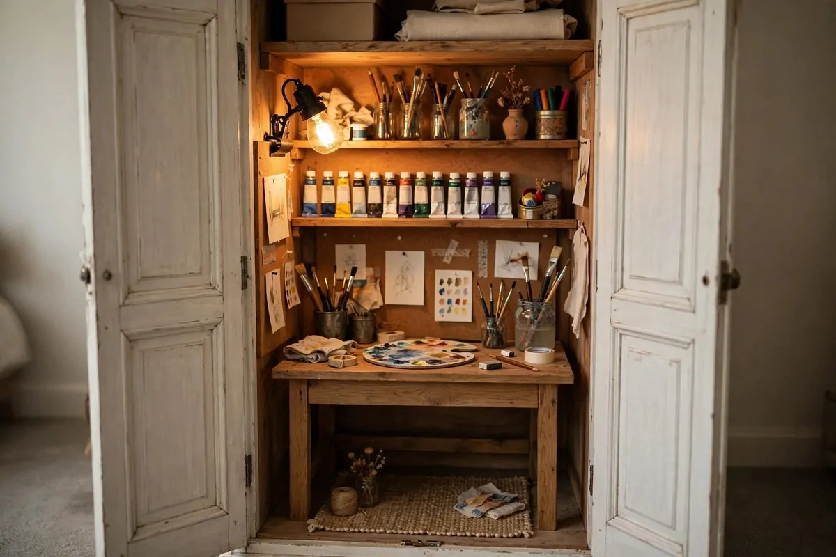 22 Cozy Art Studio Ideas for Long, Happy Creative Days 6 Closet turned into a mini art studio