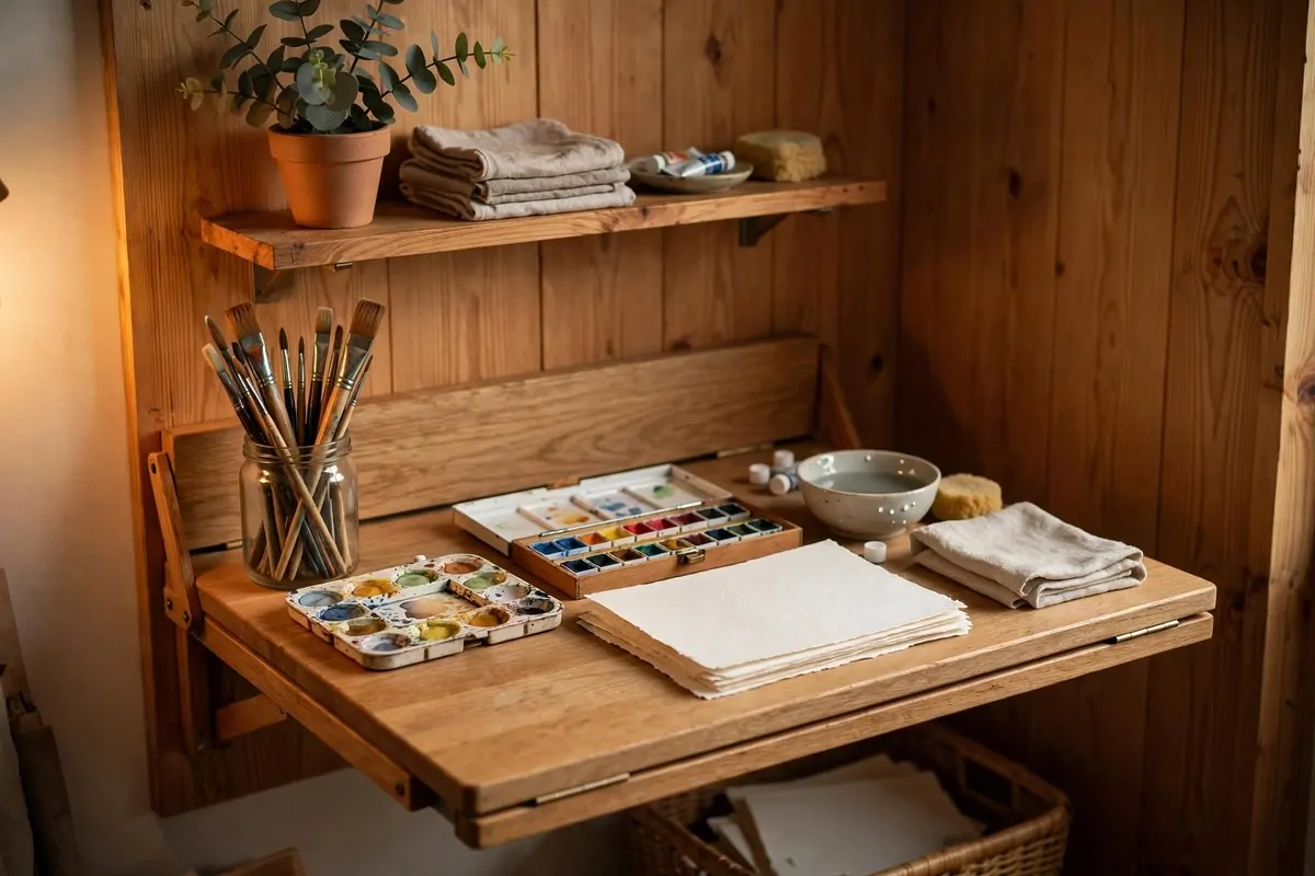 22 Cozy Art Studio Ideas for Long, Happy Creative Days 7 Fold-down wall table for a small art space