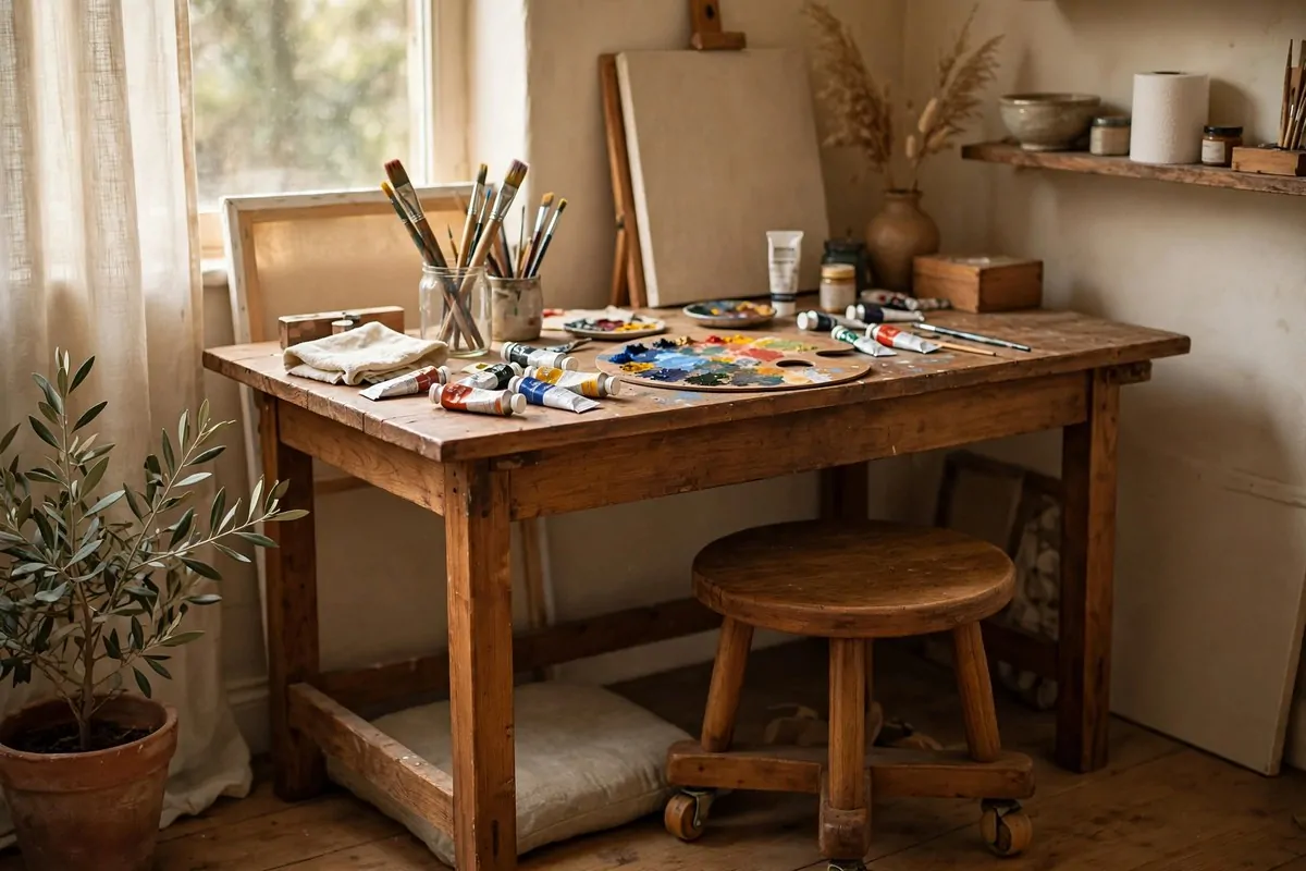 22 Cozy Art Studio Ideas for Long, Happy Creative Days 8 Rolling stool tucked under an art desk