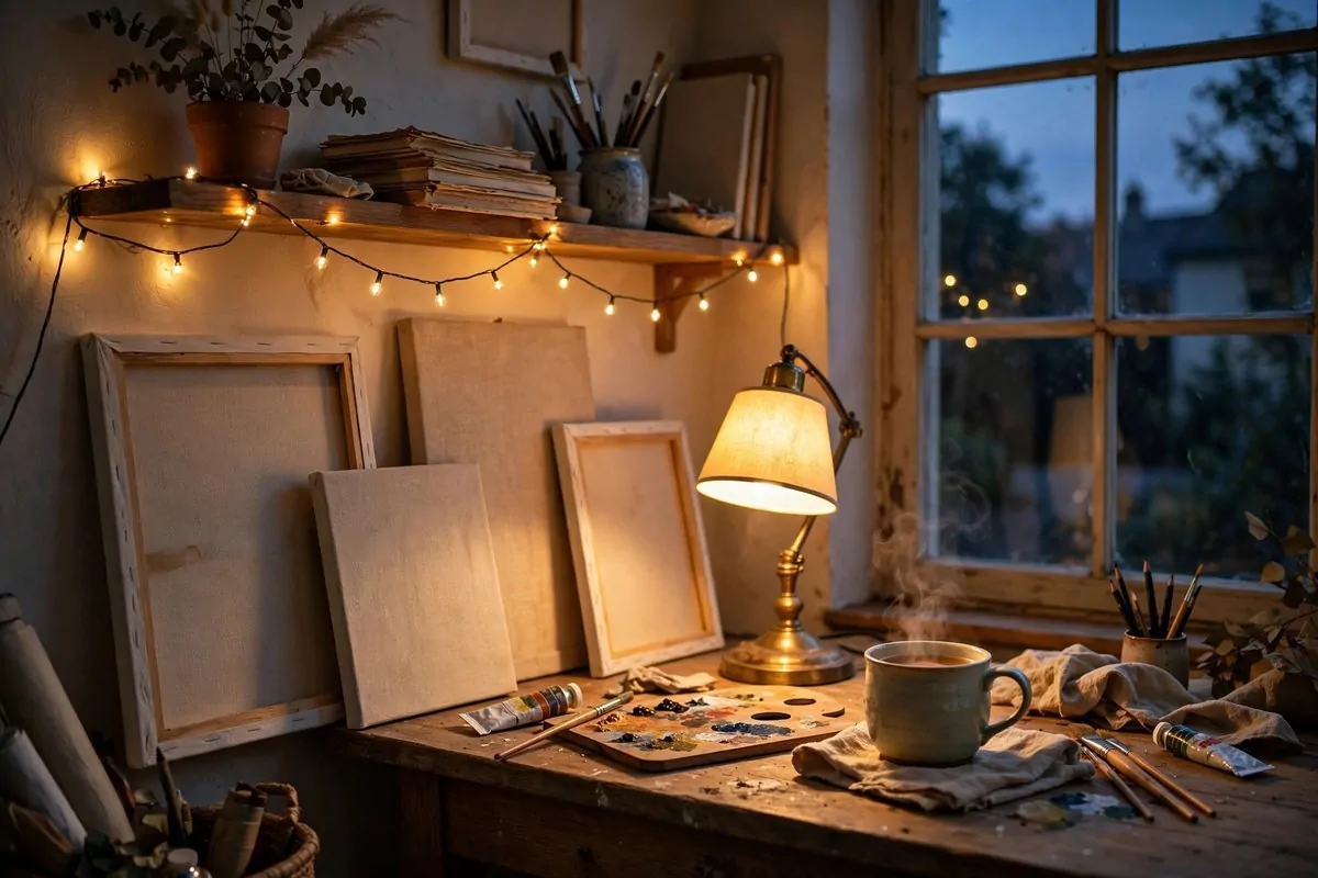22 Cozy Art Studio Ideas for Long, Happy Creative Days 9 Warm layered lighting in an art studio