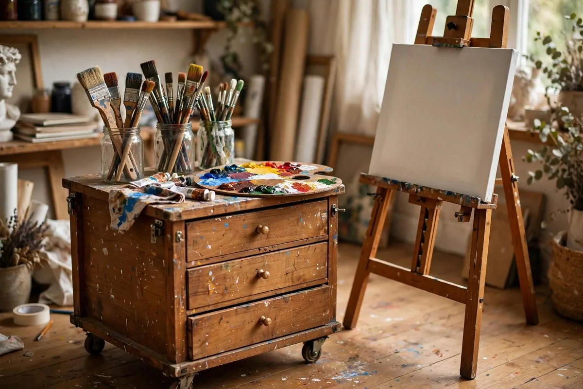 22 Cozy Art Studio Ideas for Long, Happy Creative Days 10 Wooden taboret cart for art storage