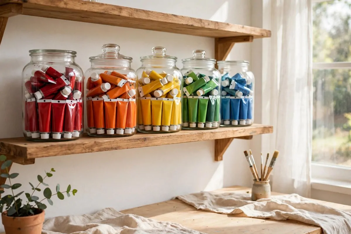 22 Cozy Art Studio Ideas for Long, Happy Creative Days 11 Color-sorted paint display on a shelf