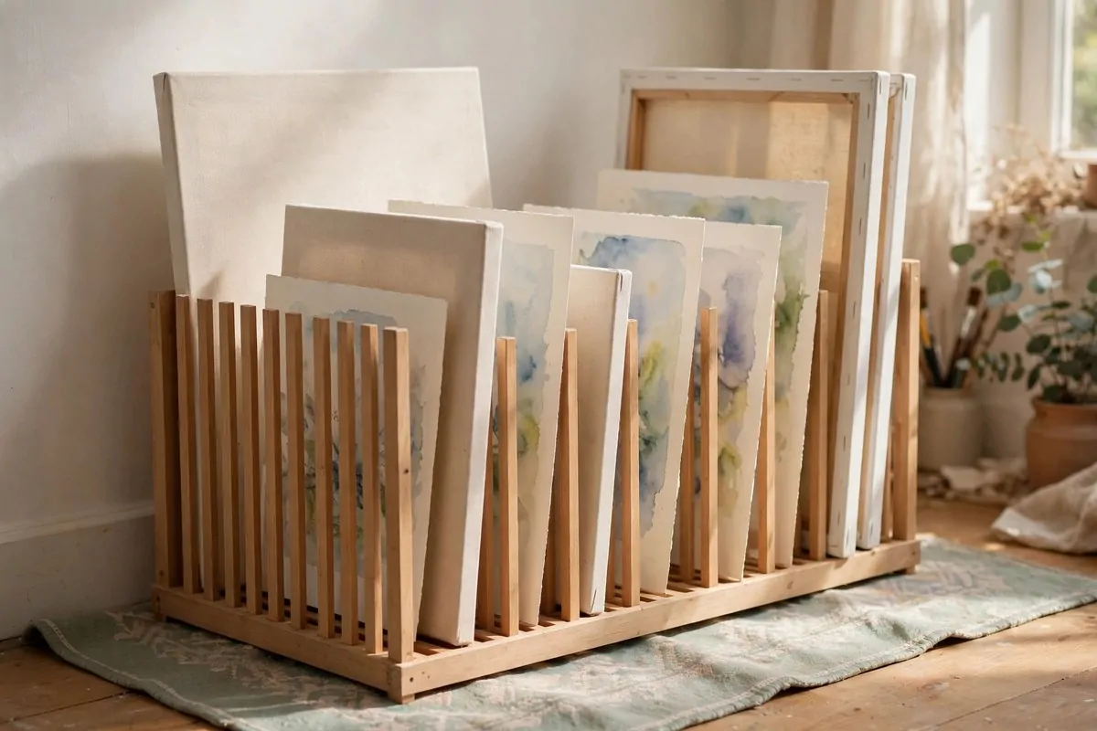22 Cozy Art Studio Ideas for Long, Happy Creative Days 12 Drying rack corner for wet paintings