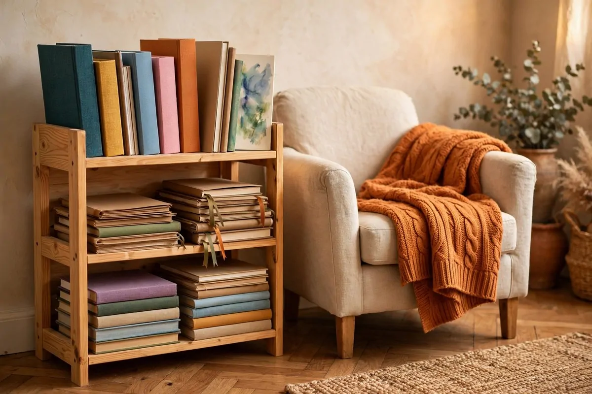 22 Cozy Art Studio Ideas for Long, Happy Creative Days 13 Sketchbook and art-book shelf