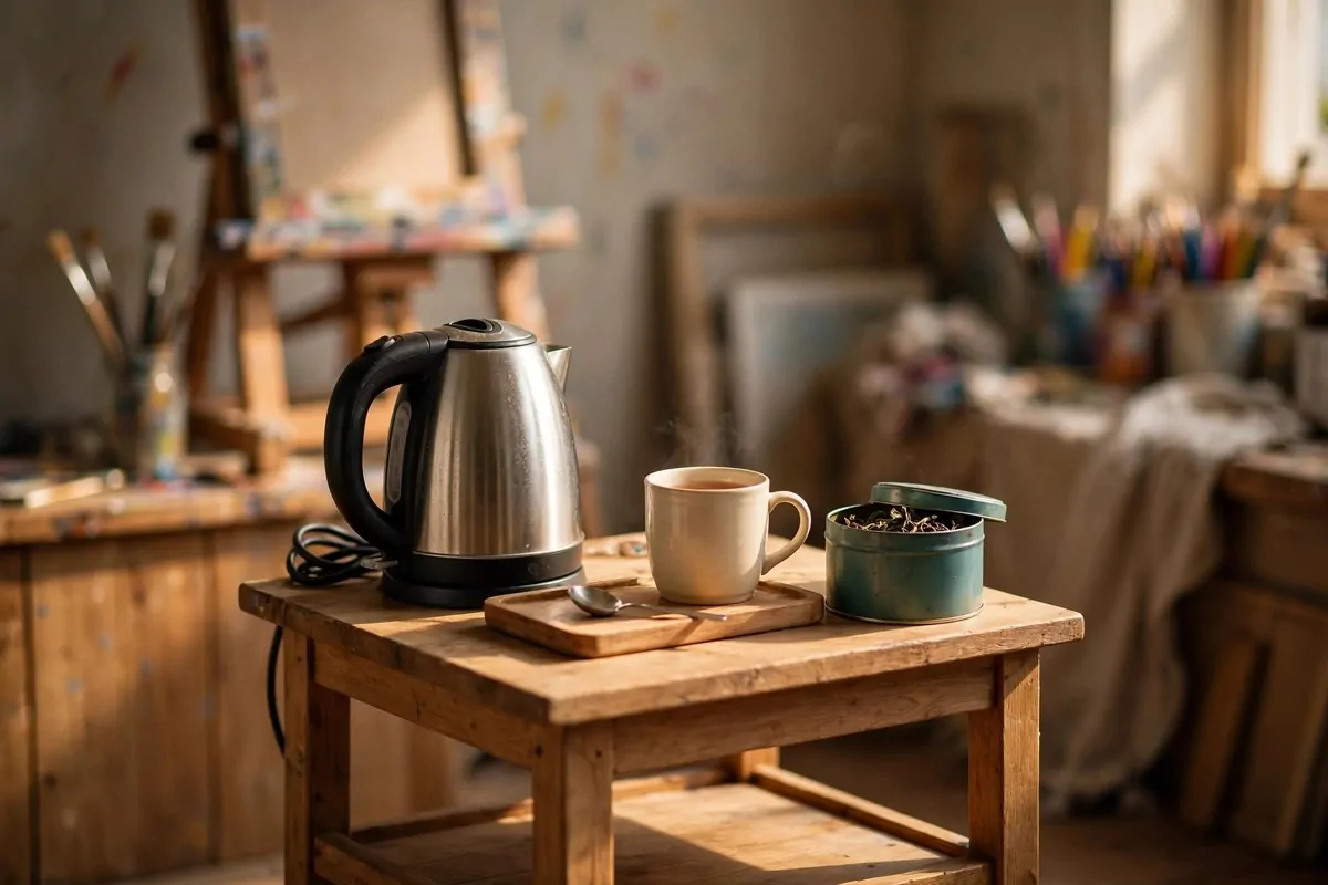 22 Cozy Art Studio Ideas for Long, Happy Creative Days 14 Tea station in a cozy art corner