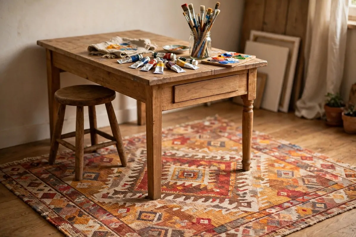 22 Cozy Art Studio Ideas for Long, Happy Creative Days 15 Washable wool rug under an art desk