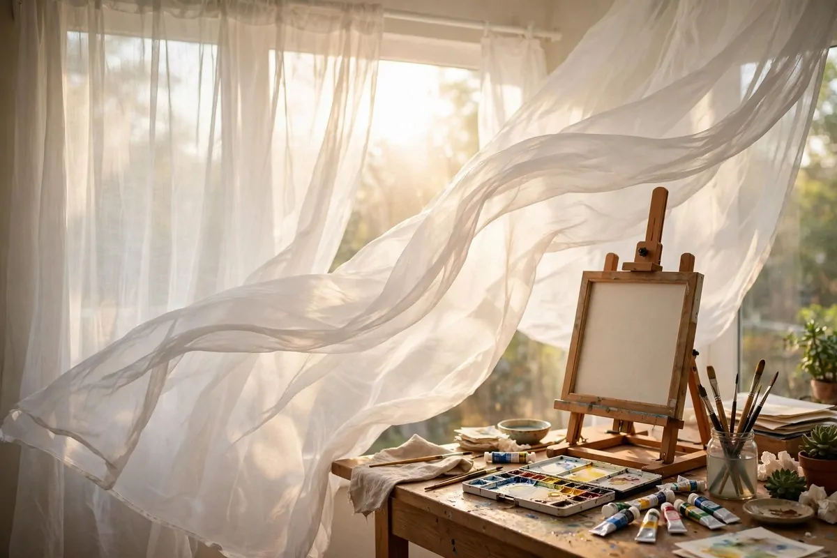 22 Cozy Art Studio Ideas for Long, Happy Creative Days 16 Sheer curtains softening sunlight in a studio