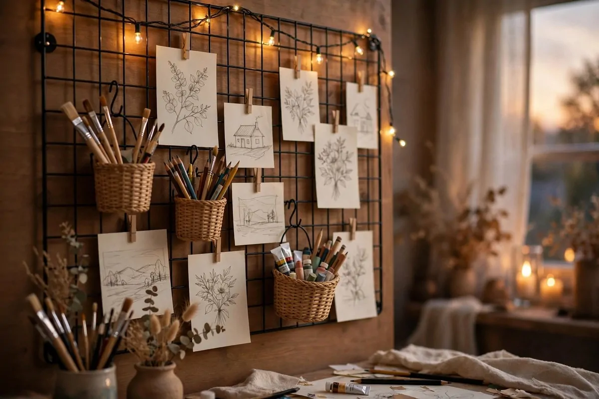 22 Cozy Art Studio Ideas for Long, Happy Creative Days 18 Wall grid with string lights in a studio