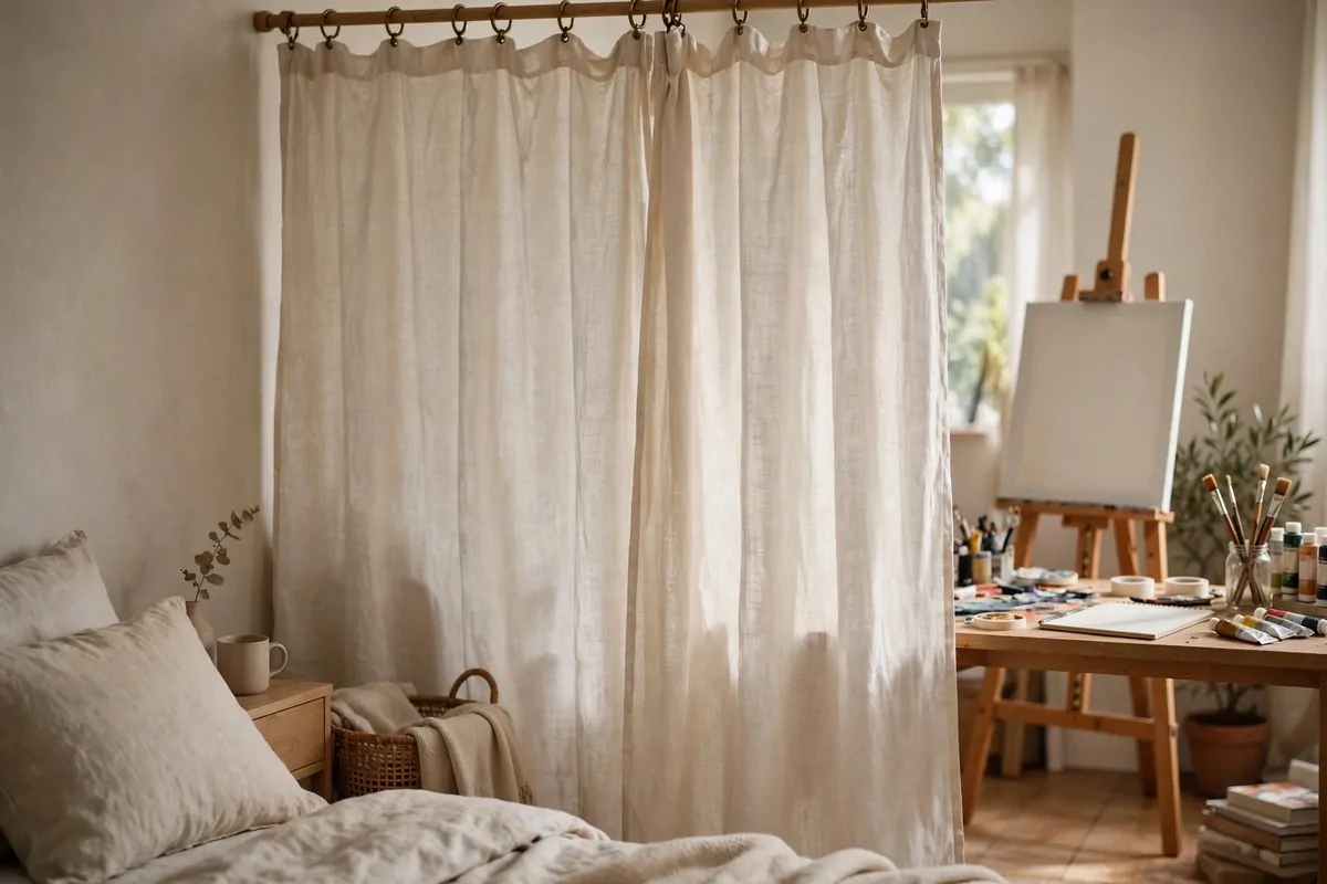 22 Cozy Art Studio Ideas for Long, Happy Creative Days 19 Curtain divider creating an art zone