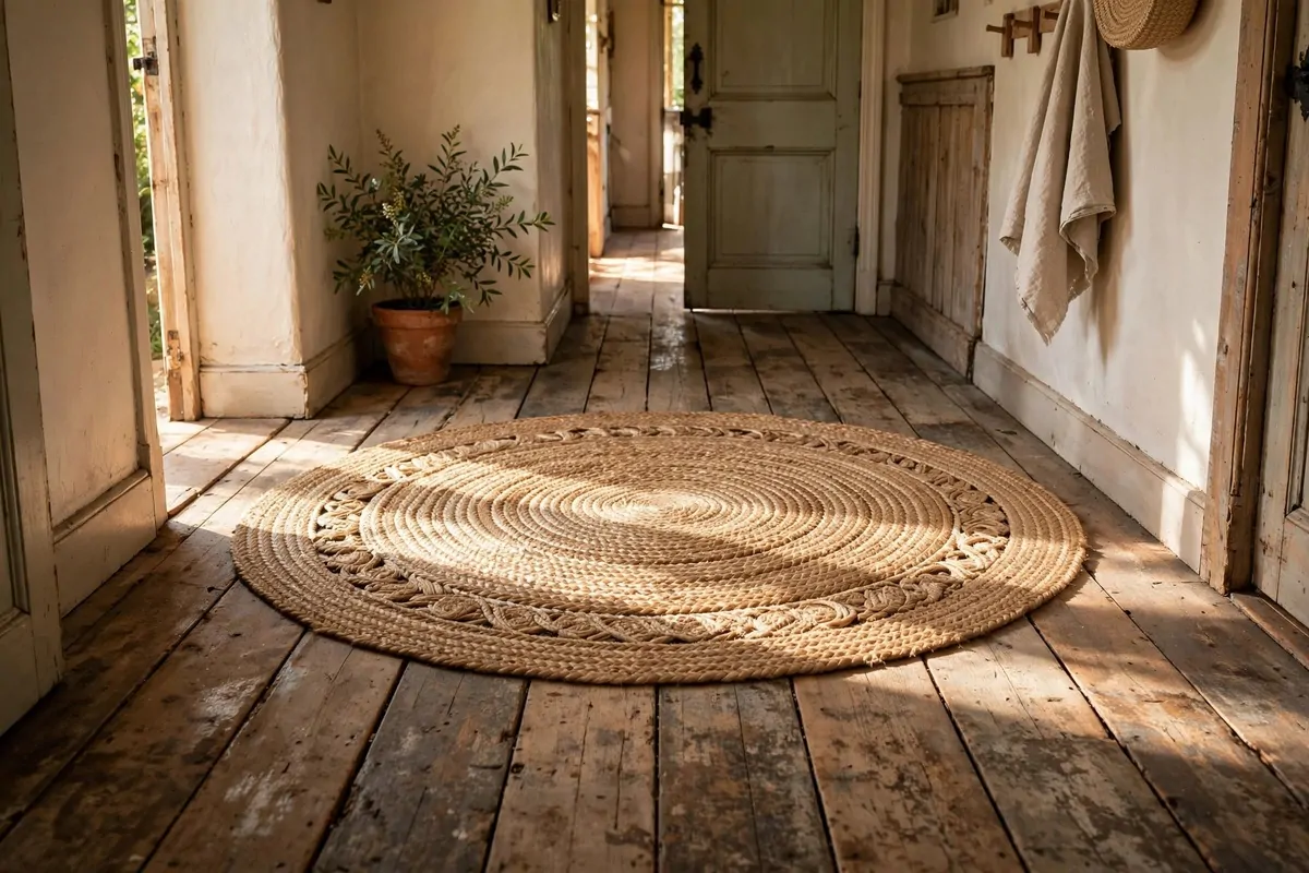 22 Earthy Cottage Home Decor Touches With Natural Charm 1 Round jute rug layered over worn wood floors in an earthy cottage hallway with a terracotta plant pot