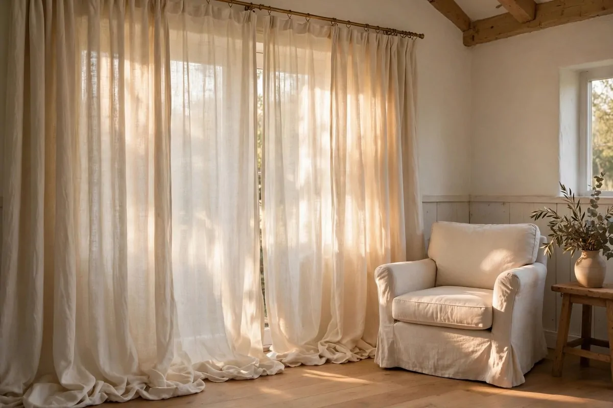 22 Earthy Cottage Home Decor Touches With Natural Charm 2 Cream linen curtains pooling on an oak floor in a warm cottage living room with golden light