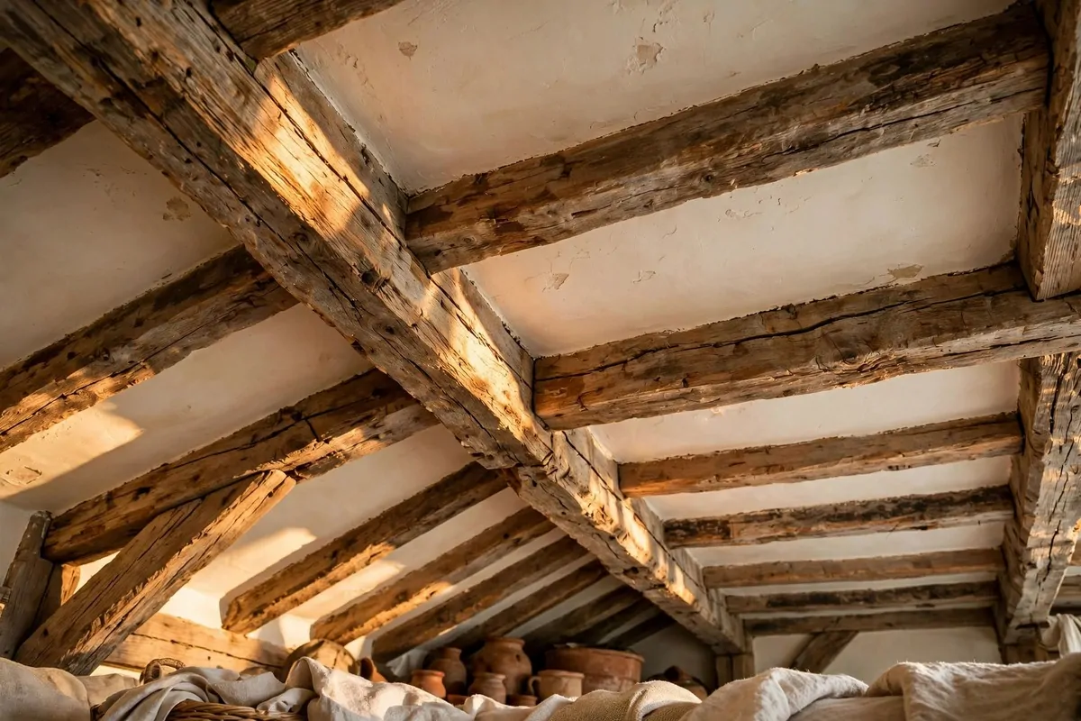 22 Earthy Cottage Home Decor Touches With Natural Charm 3 Reclaimed oak beams across a cream plaster ceiling in a cottage living room with warm light