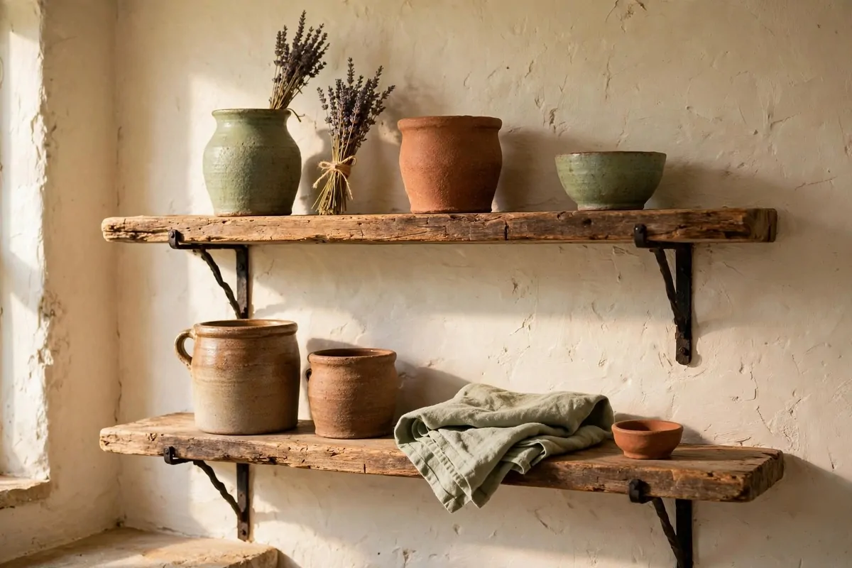 22 Earthy Cottage Home Decor Touches With Natural Charm 4 Open reclaimed wood kitchen shelves styled with handmade sage and terracotta pottery on a cream plaster wall