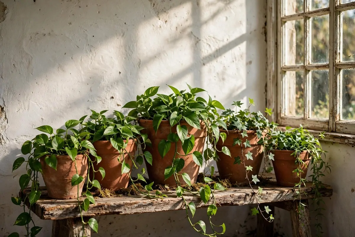 22 Earthy Cottage Home Decor Touches With Natural Charm 5 Terracotta clay pots in different sizes with trailing plants on a weathered bench by a cottage window