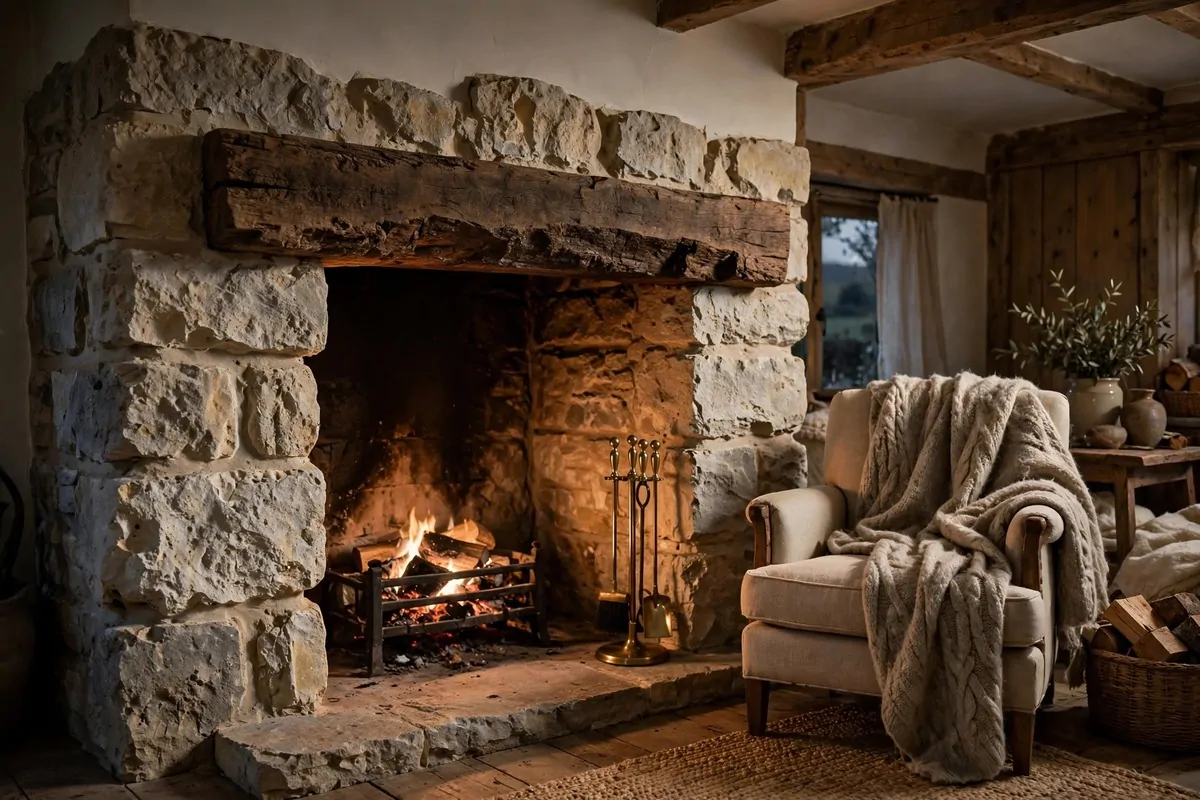 22 Earthy Cottage Home Decor Touches With Natural Charm 6 Limestone stone fireplace with a chunky rough wood mantel and soft firelight in a cottage living room