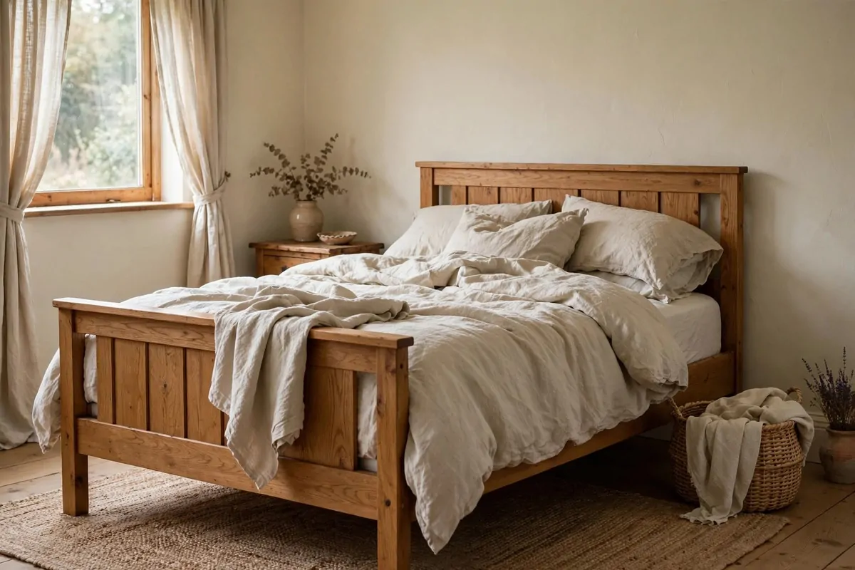 22 Earthy Cottage Home Decor Touches With Natural Charm 7 Calm cottage bedroom with warm cream and oatmeal walls, oak bed frame and natural linen bedding