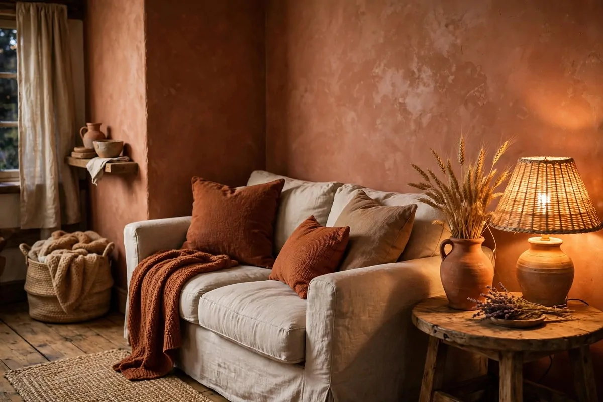 22 Earthy Cottage Home Decor Touches With Natural Charm 8 Cottage living room corner with a clay toned terracotta accent wall, rust cushions and a warm lamp glow