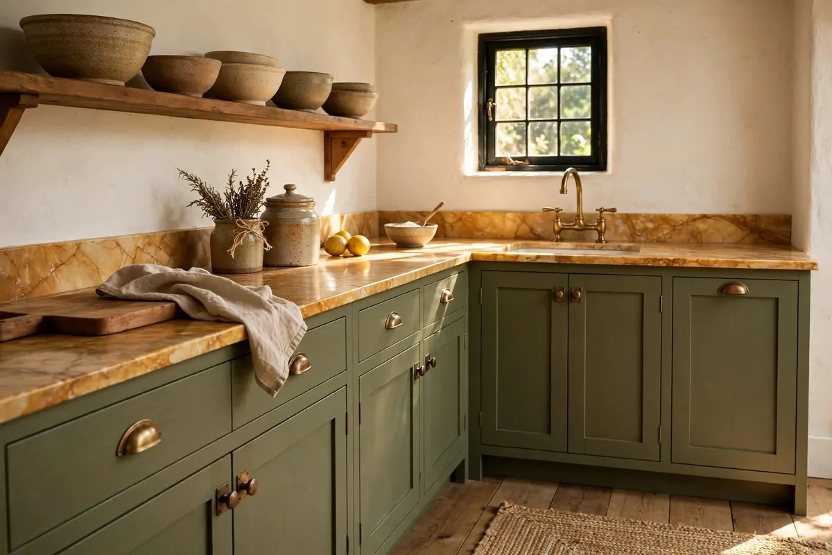 22 Earthy Cottage Home Decor Touches With Natural Charm 9 Earthy cottage kitchen with olive green cabinets, brass pulls and a warm honey marble countertop