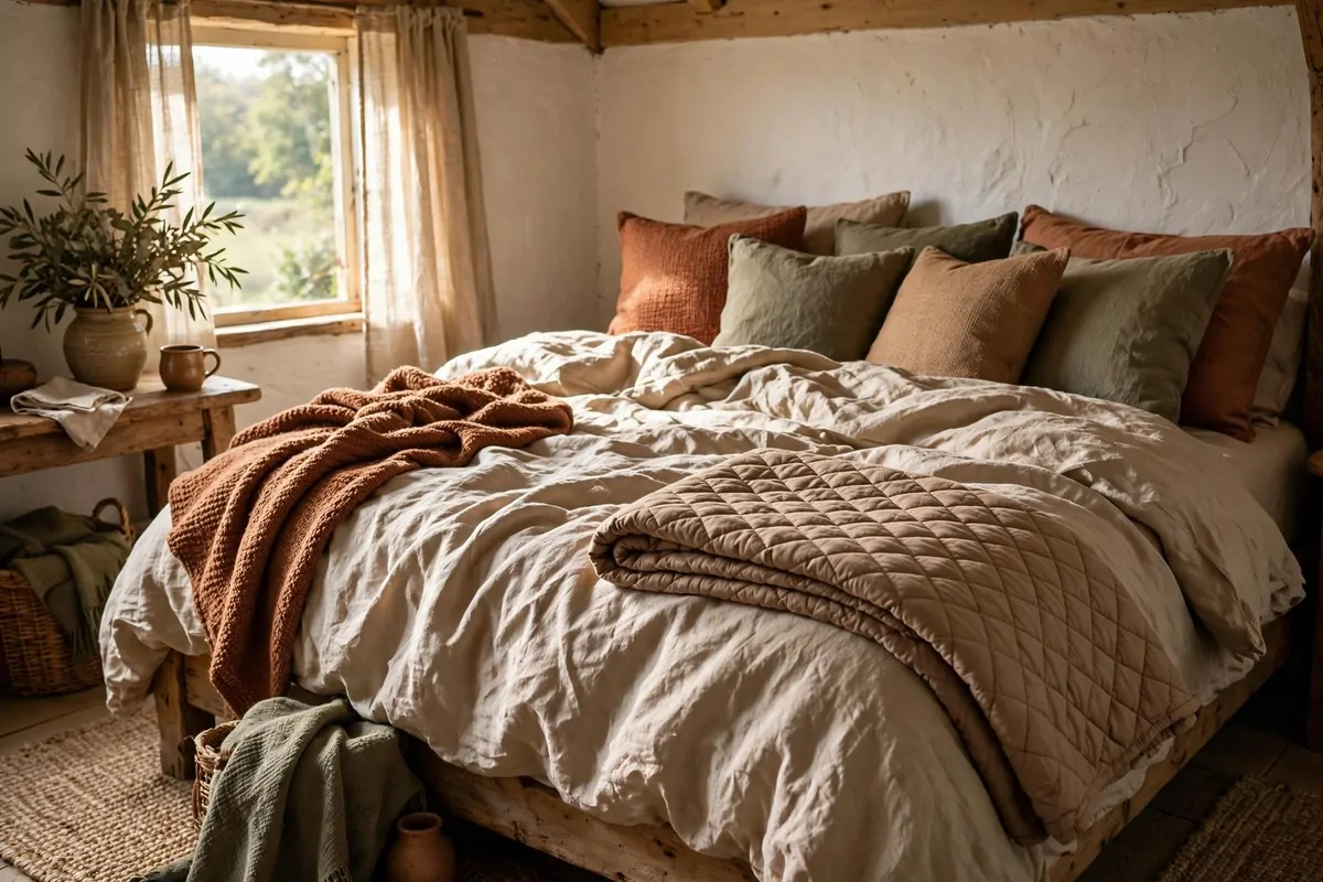 22 Earthy Cottage Home Decor Touches With Natural Charm 10 Cottage bed dressed in rumpled flax linen bedding with rust, olive and clay throws and pillows