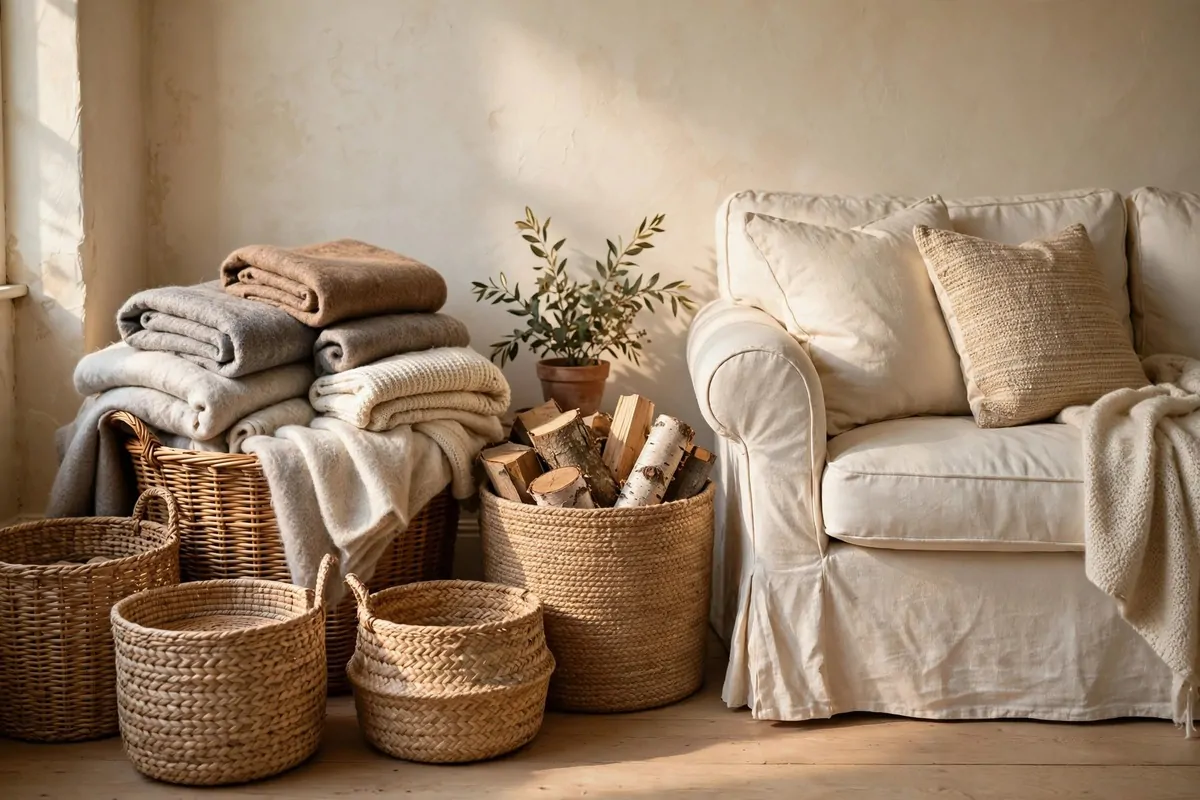 22 Earthy Cottage Home Decor Touches With Natural Charm 11 Woven seagrass, jute and rattan baskets in different sizes beside a cottage sofa with throws and firewood