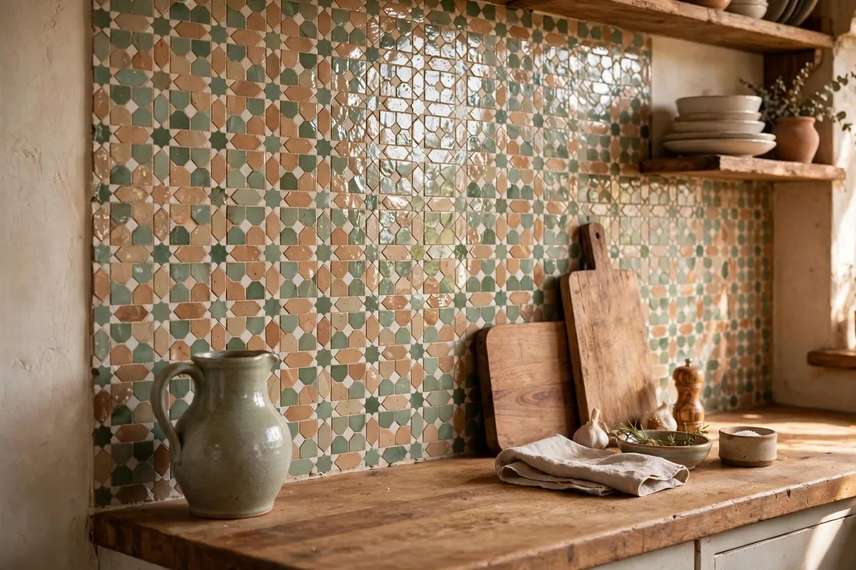 22 Earthy Cottage Home Decor Touches With Natural Charm 12 Handmade Moroccan zellige tile backsplash in clay and sage tones with wooden countertop in a cottage kitchen