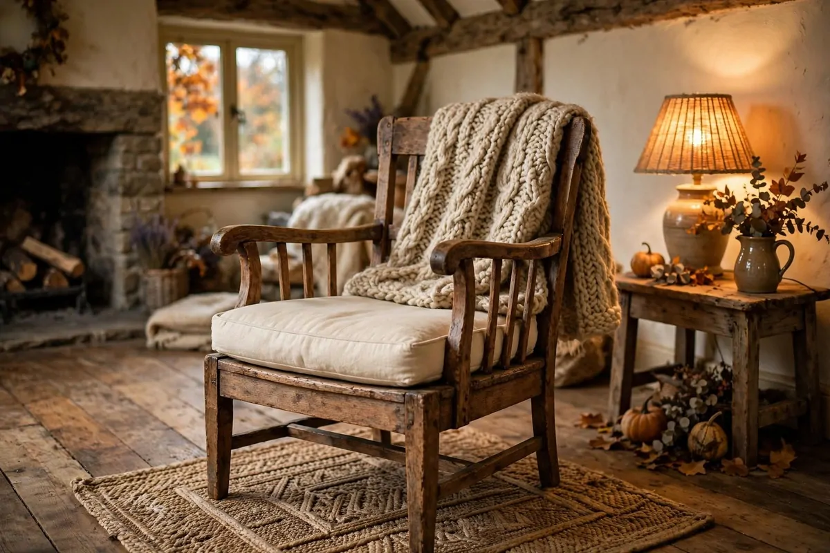 22 Earthy Cottage Home Decor Touches With Natural Charm 13 Vintage wooden armchair with a chunky knit wool throw draped over the back in warm lamplight