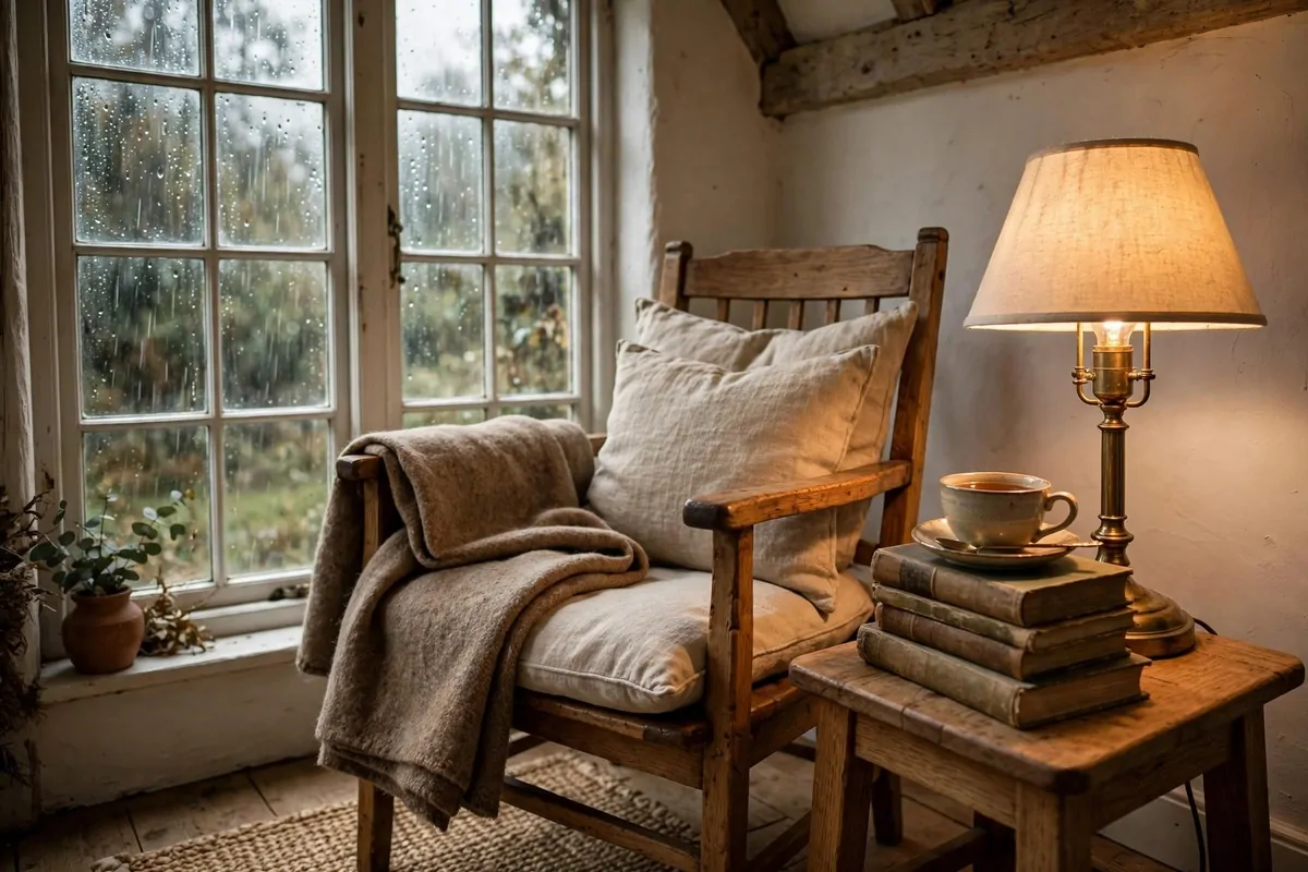 22 Earthy Cottage Home Decor Touches With Natural Charm 14 Cozy cottage reading nook by a tall window with a linen dressed chair, oak side table, books and a warm brass lamp