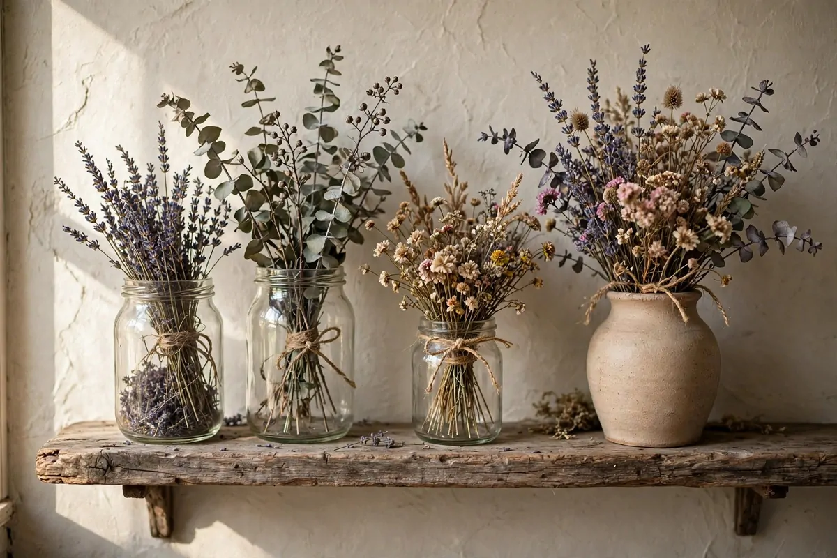 22 Earthy Cottage Home Decor Touches With Natural Charm 15 Glass jars and a ceramic vase of dried lavender, eucalyptus and wildflowers on a weathered oak shelf