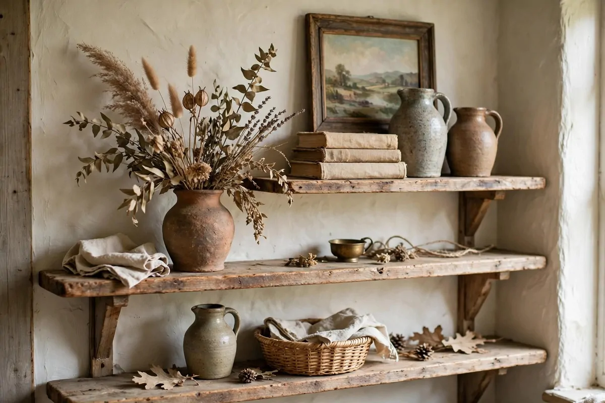 22 Earthy Cottage Home Decor Touches With Natural Charm 16 Cottage shelf styled with vintage stoneware jugs, old linen bound books, a small landscape painting and dried stems