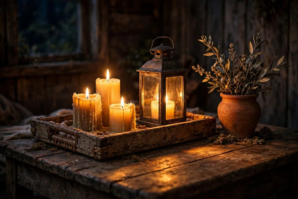 22 Earthy Cottage Home Decor Touches With Natural Charm 17 Wooden tray with lit pillar candles and a glass lantern glowing warm amber on a cottage side table